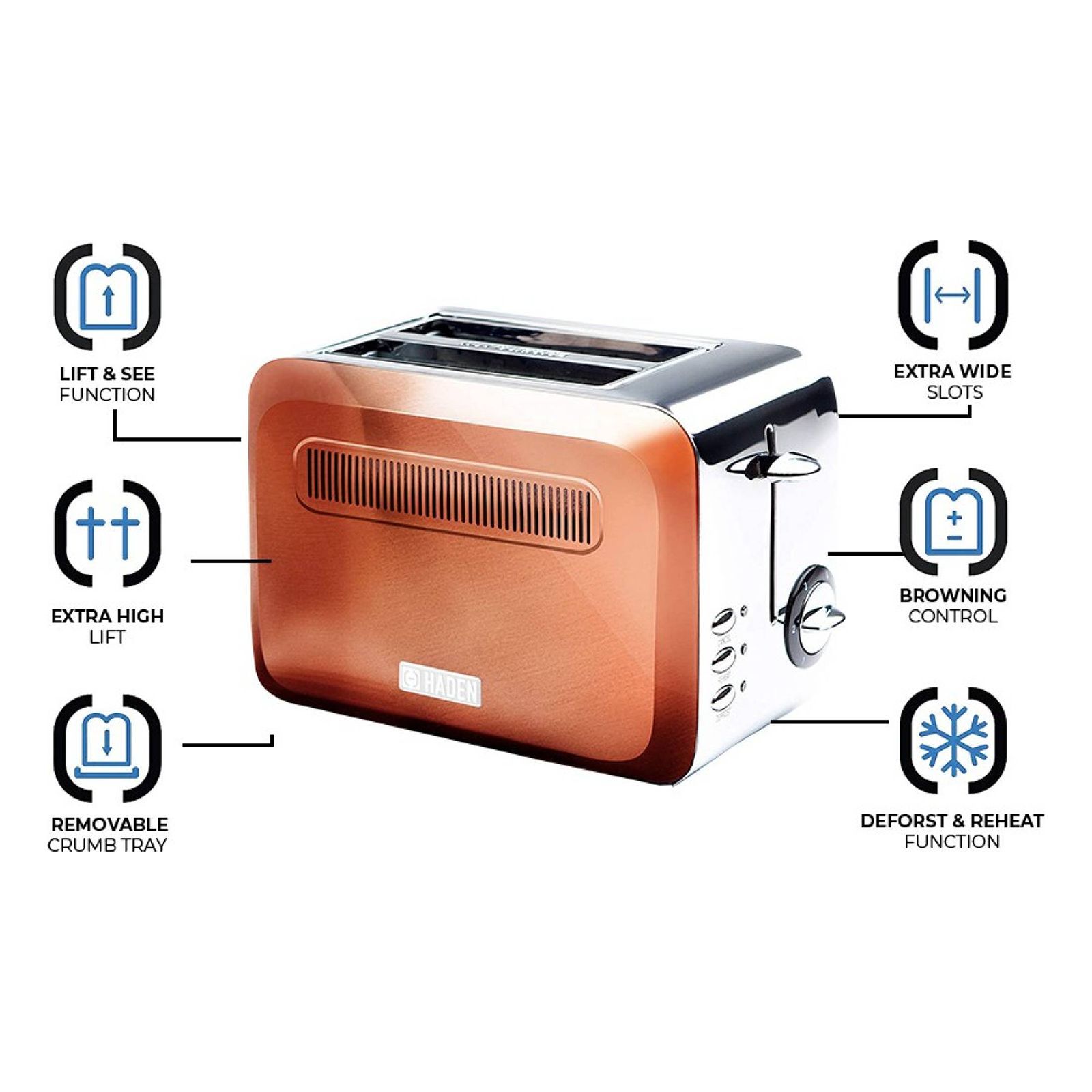 HADEN Boston Pyramid 980W 2 Slice Pop-Up Toaster with Removable Crumb Tray (Copper) HADEN Boston Pyramid 980W 2 Slice Pop-Up Toaster with Removable Crumb Tray (Copper)_9