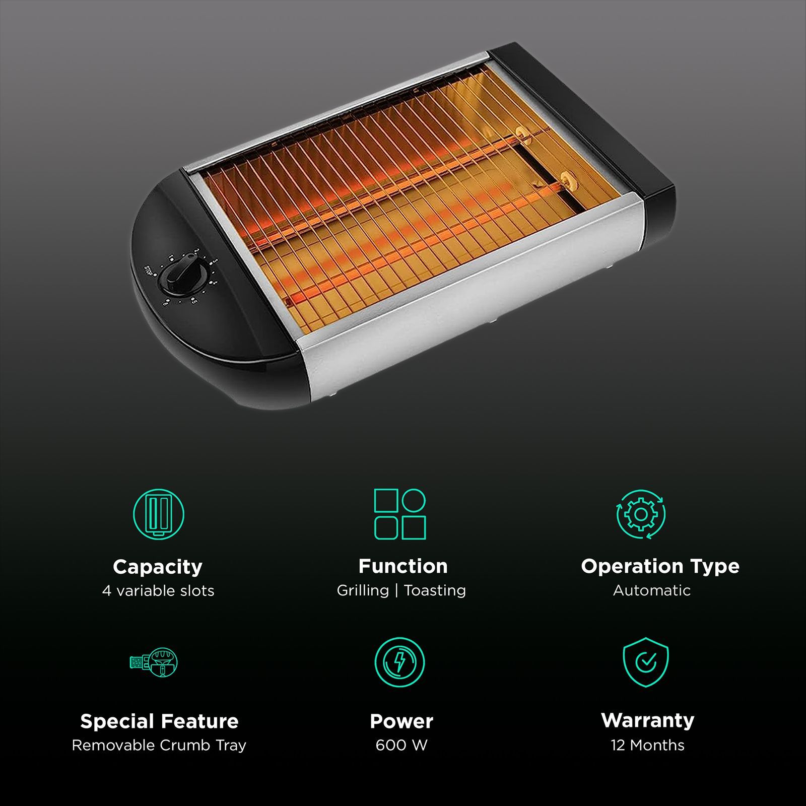 WARMEX Toasty 600W 4 Slice Open Toaster with Two Quartz Heating Tube (Black) WARMEX Toasty 600W 4 Slice Open Toaster with Two Quartz Heating Tube (Black)_3