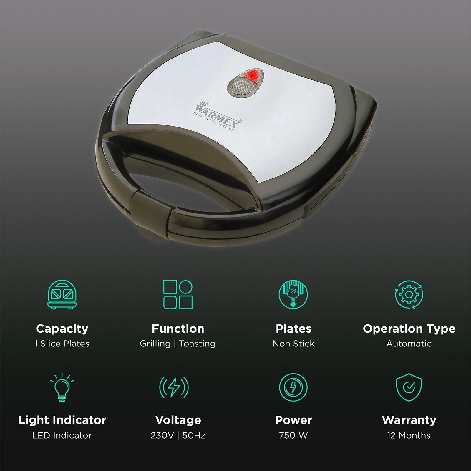 WARMEX GT-09 750W 1 Slice Sandwich Maker with Auto Shut Off (Black)_3