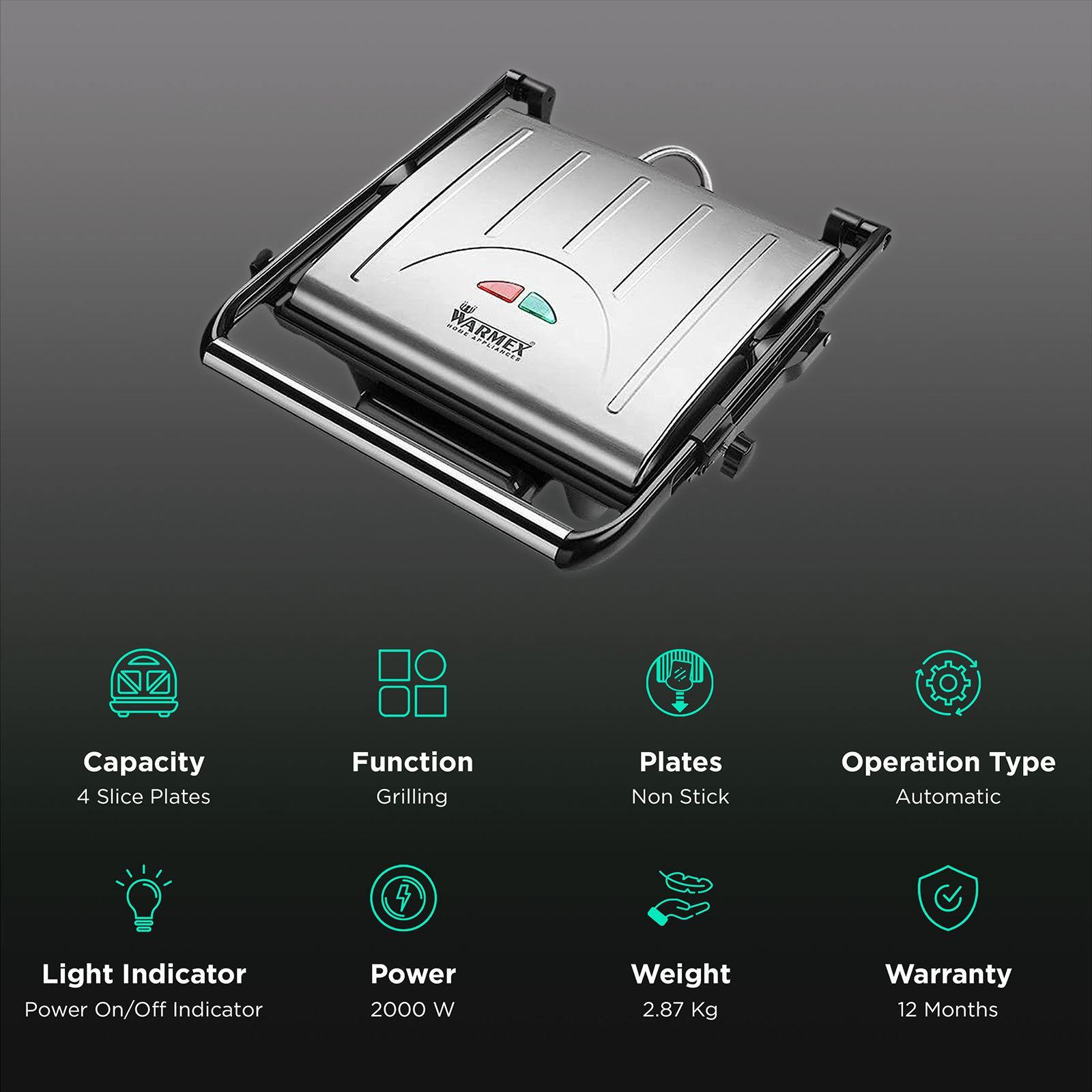 WARMEX 1800-2000W 4 Slice Sandwich Maker with Adjustable Height Control (Black)_3