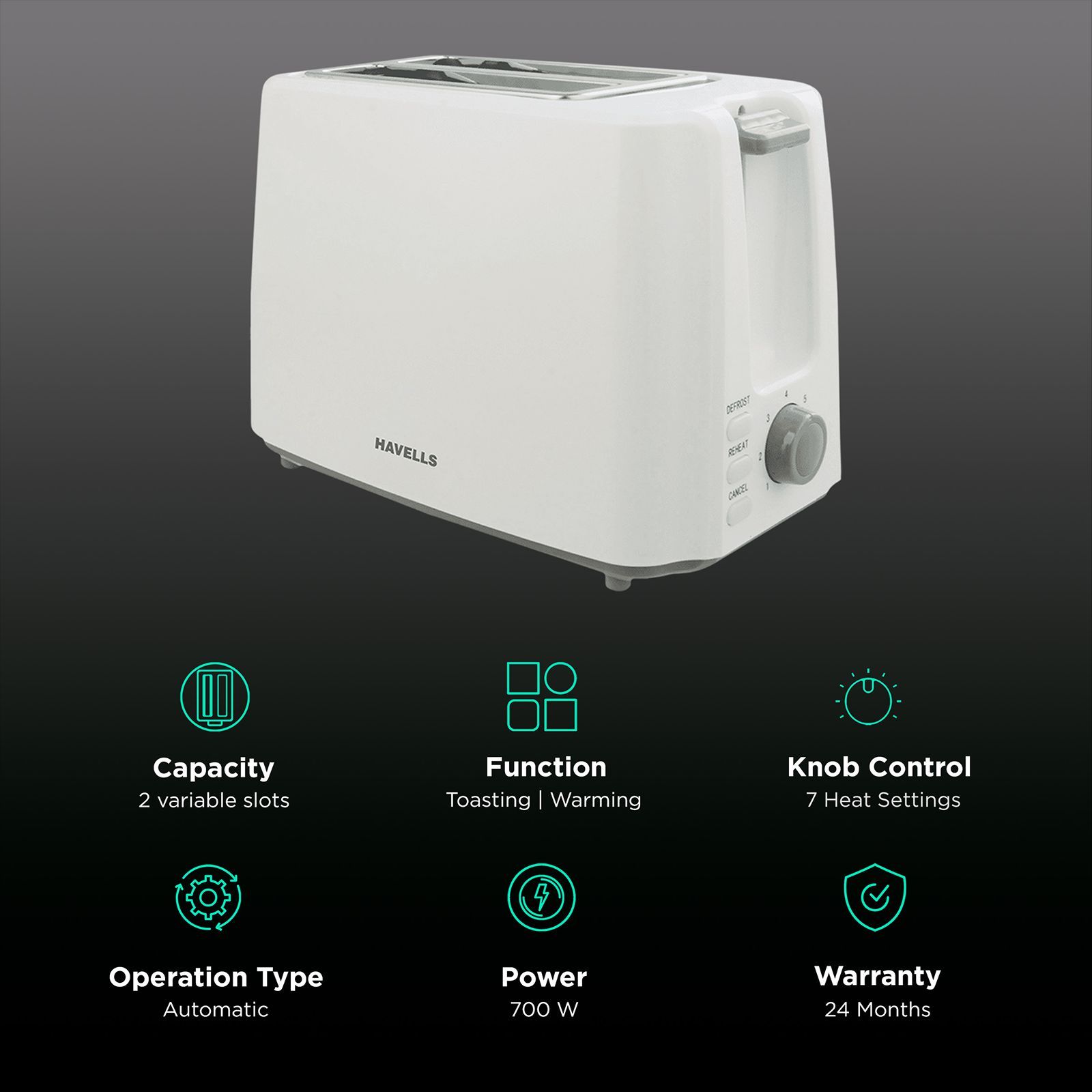 HAVELLS Crisp Plus 700W 2 Slice Pop-Up Toaster with 7 Heat Setting (White)_3