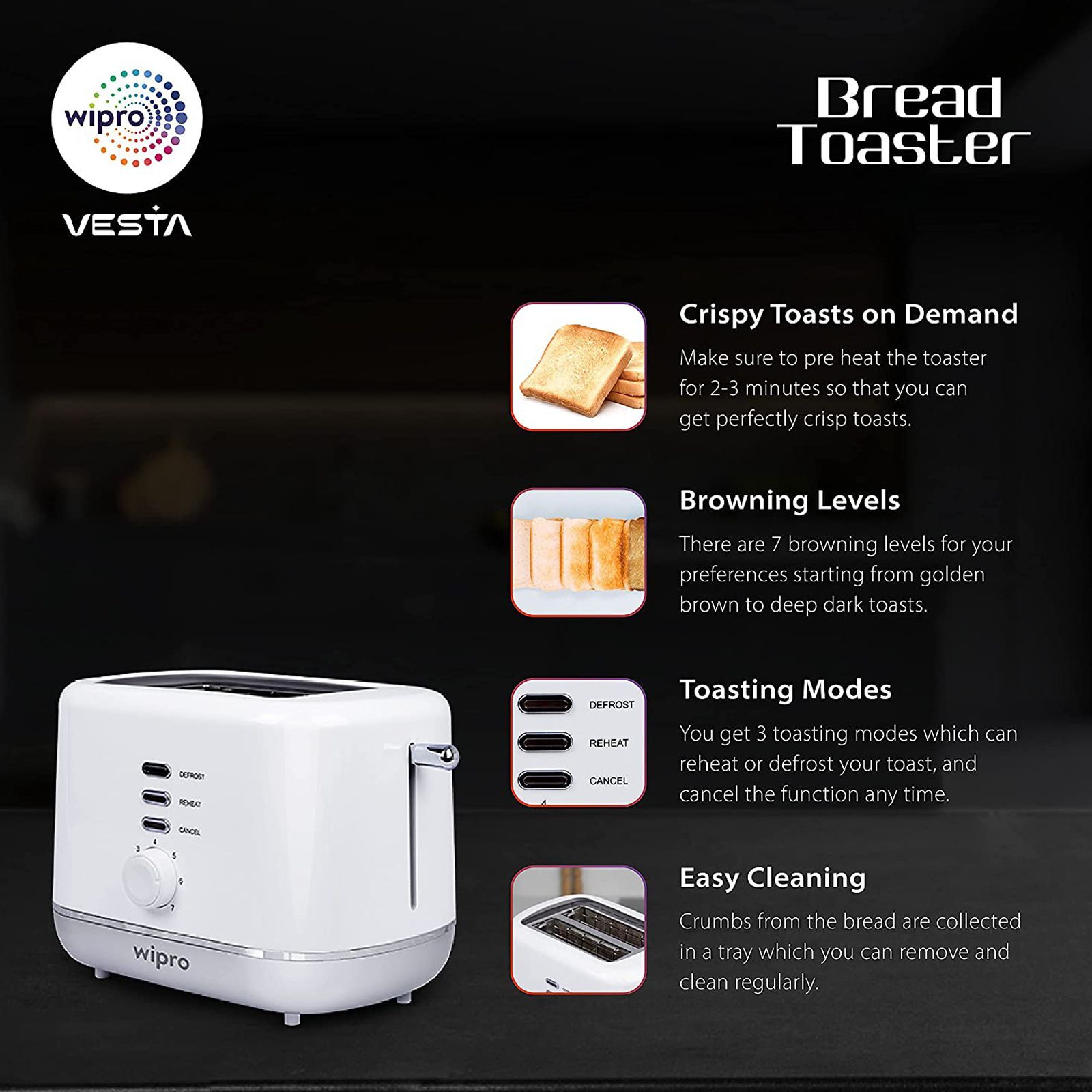 wipro Vesta 800W 2 Slice Pop-Up Toaster with 7 Heat Setting (White)_4
