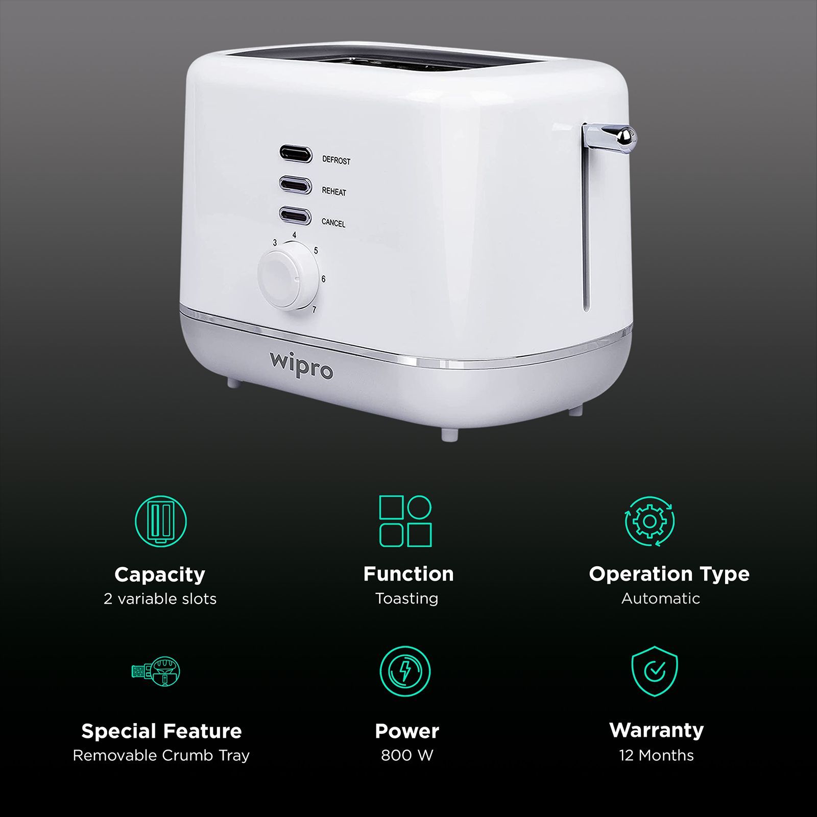 wipro Vesta 800W 2 Slice Pop-Up Toaster with 7 Heat Setting (White)_3