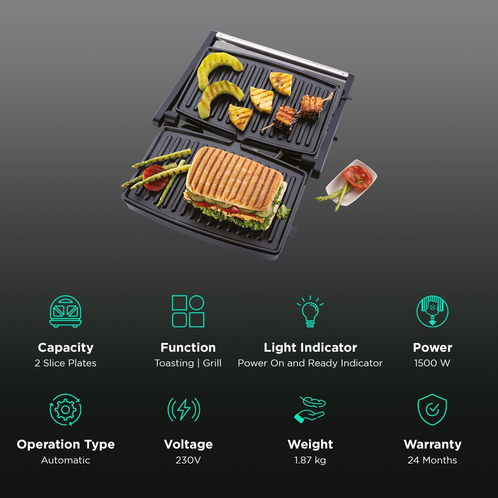 USHA iCHEF 1500W 2 Slice Sandwich Maker with Anti Skid Feet (Stainless Steel)_2