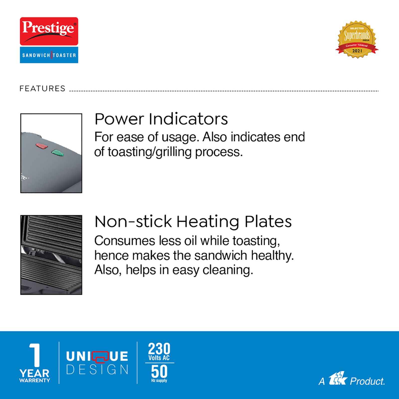 Prestige PGMFB 800W 2 Slice Sandwich Maker with Indicator Light (Black)_6