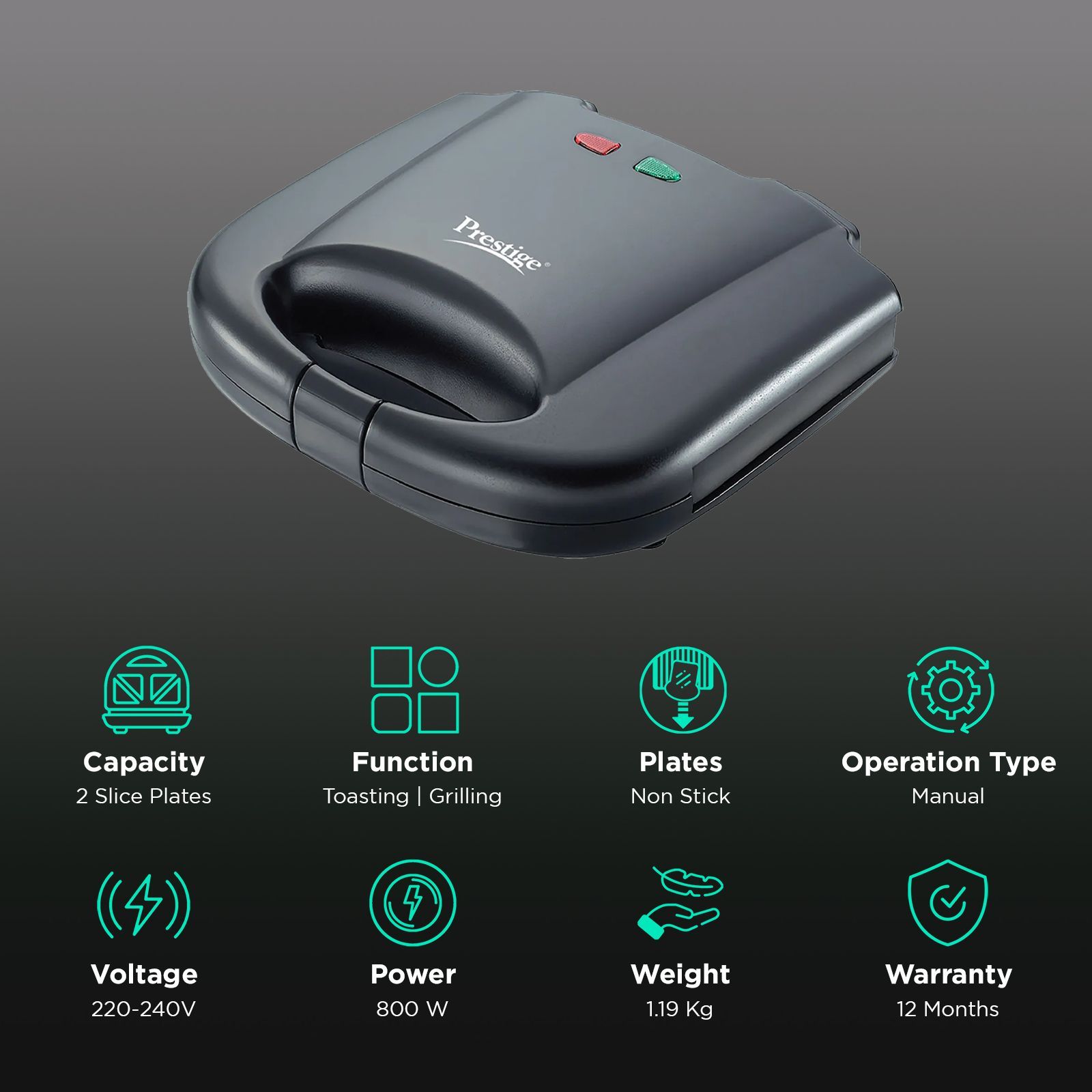 Prestige PGMFB 800W 2 Slice Sandwich Maker with Indicator Light (Black)_3