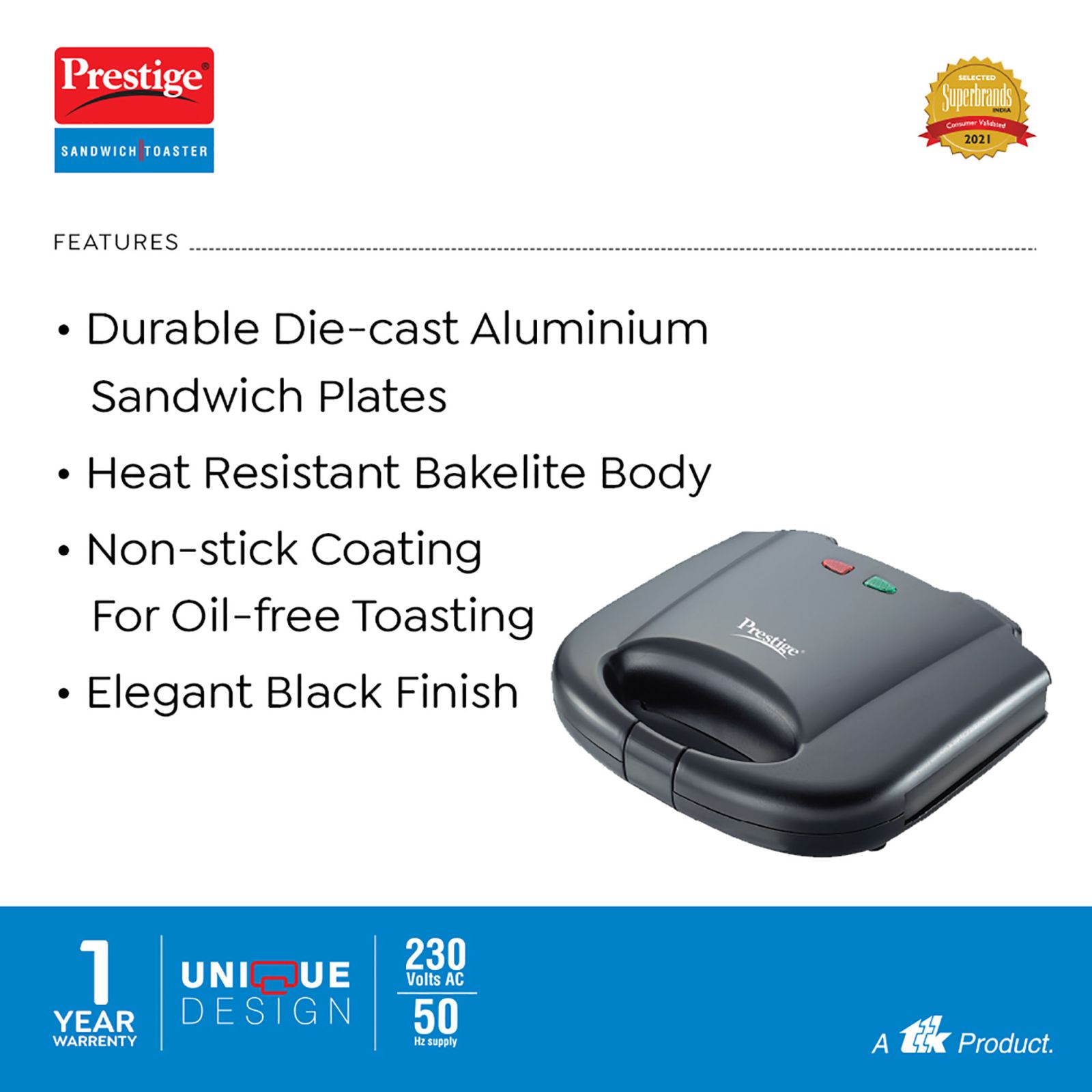 Prestige PGMFB 800W 2 Slice Sandwich Maker with Indicator Light (Black)_5