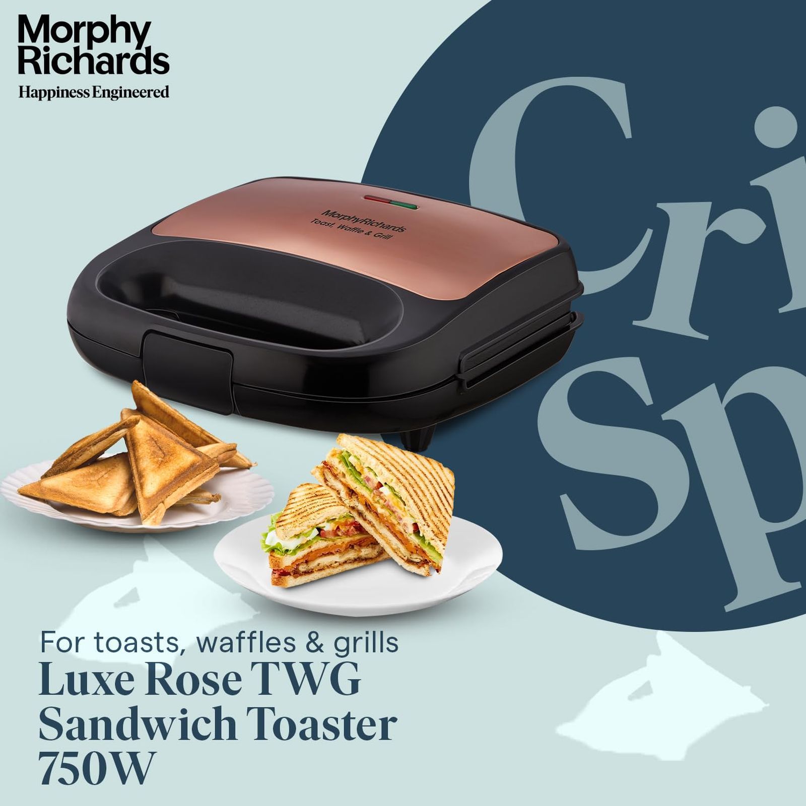 morphy richards Luxe 750W 2 Slice Sandwich Maker  with  I-Lag Non-stick Coating (Rose Gold) _9