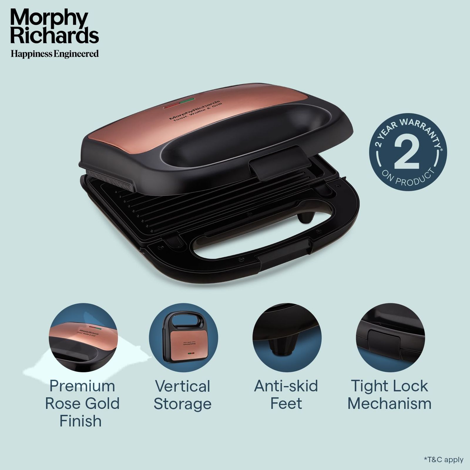 morphy richards Luxe 750W 2 Slice Sandwich Maker  with  I-Lag Non-stick Coating (Rose Gold) _11
