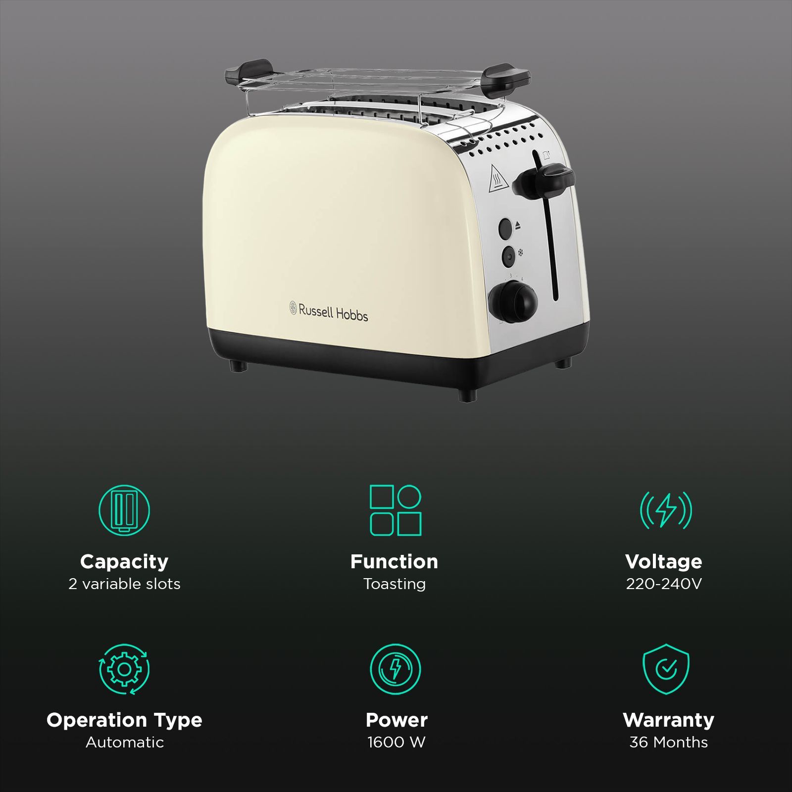 Russell Hobbs Colours Plus 1600W 2 Slice Pop-Up Toaster with Browning Levels (Cream) Russell Hobbs Colours Plus 1600W 2 Slice Pop-Up Toaster with Browning Levels (Cream)_3