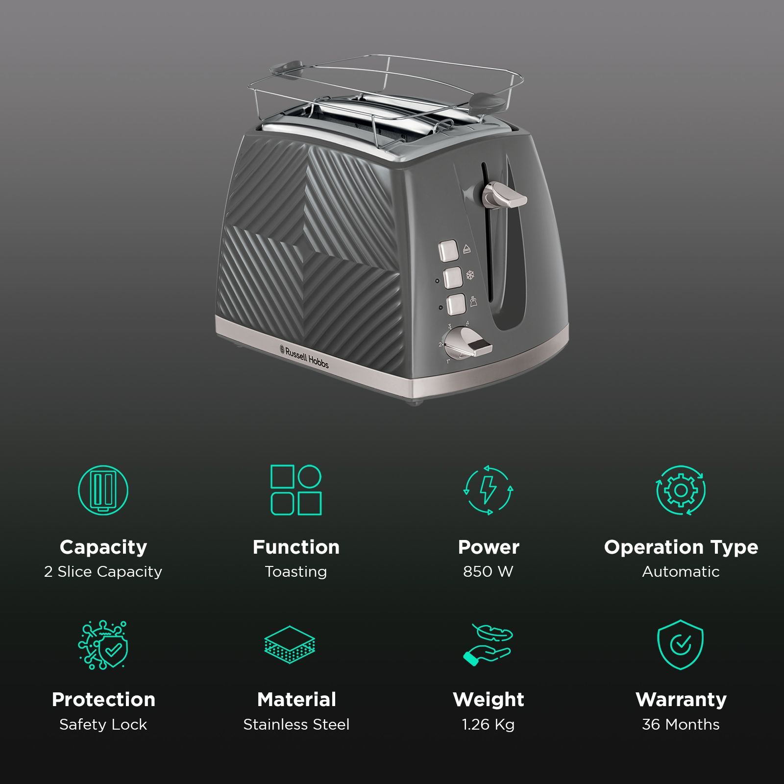 Russell Hobbs Groove 850W 2 Slice Pop-up Toaster with 6 Temperature Settings (Grey)_3