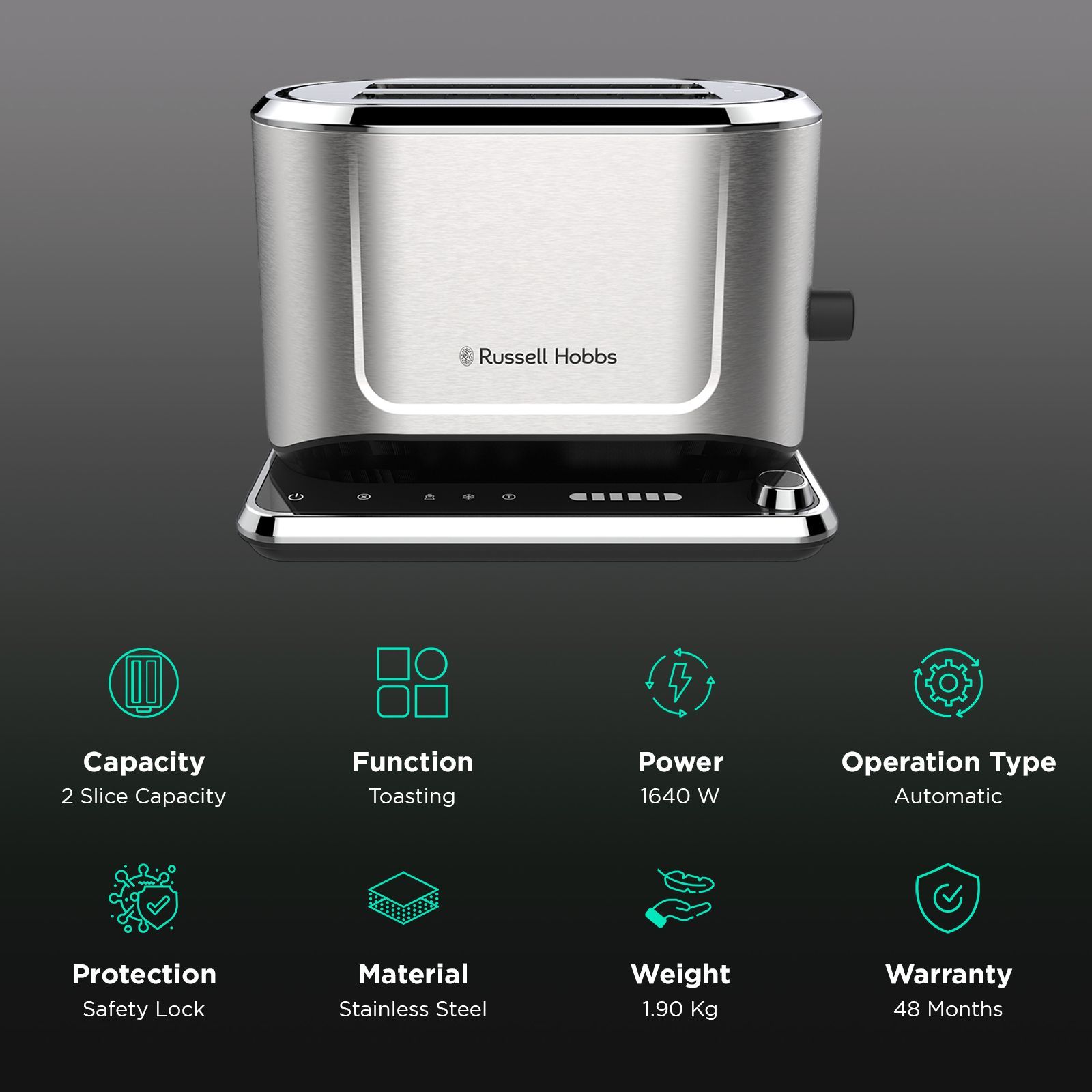 Russell Hobbs Attentive 1640W 2 Slice Pop-up Toaster with Touch Screen Control (Grey)_3