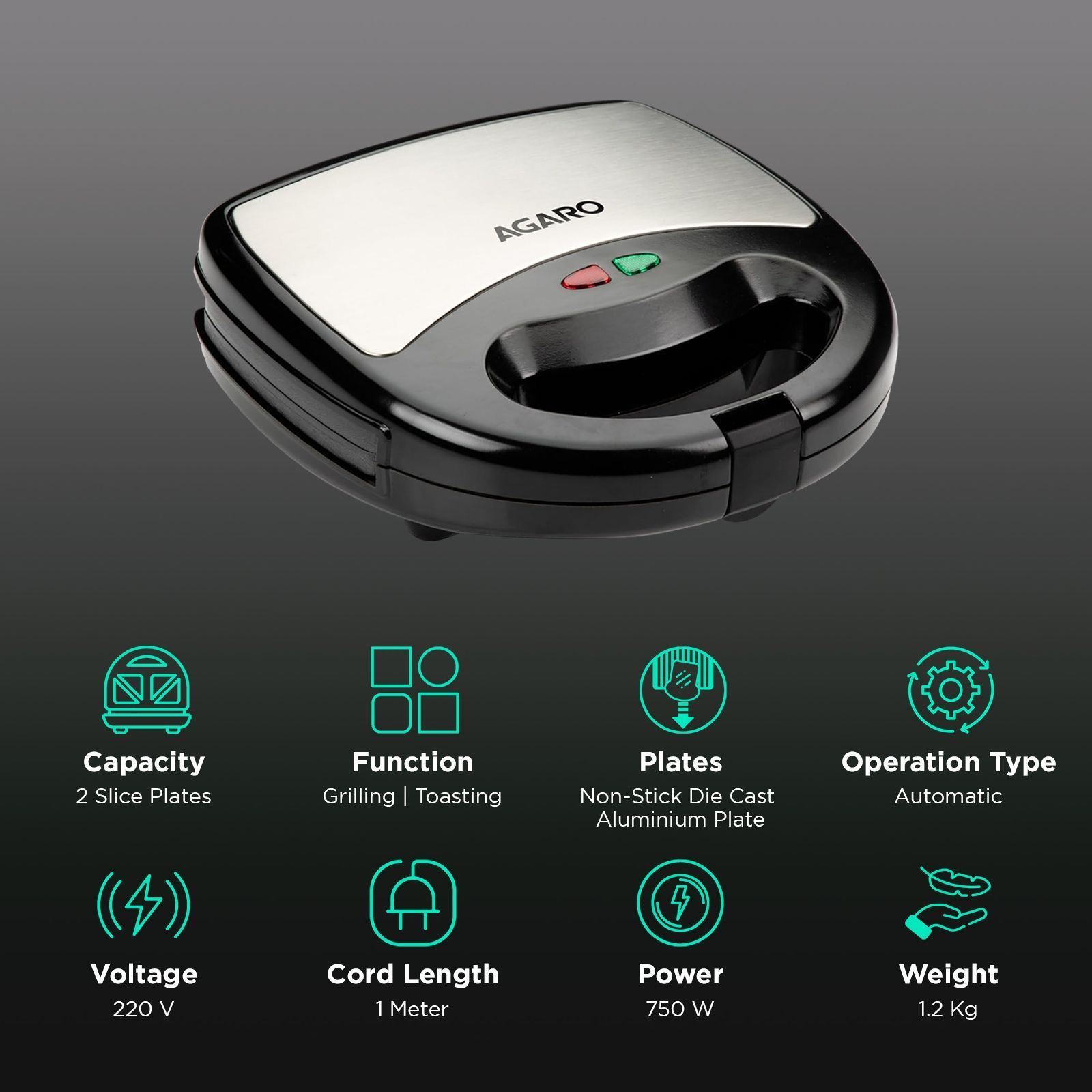 AGARO Elite 750W 2-in-1 Slice Sandwich Maker with Automatic Thermostat (Black)_3