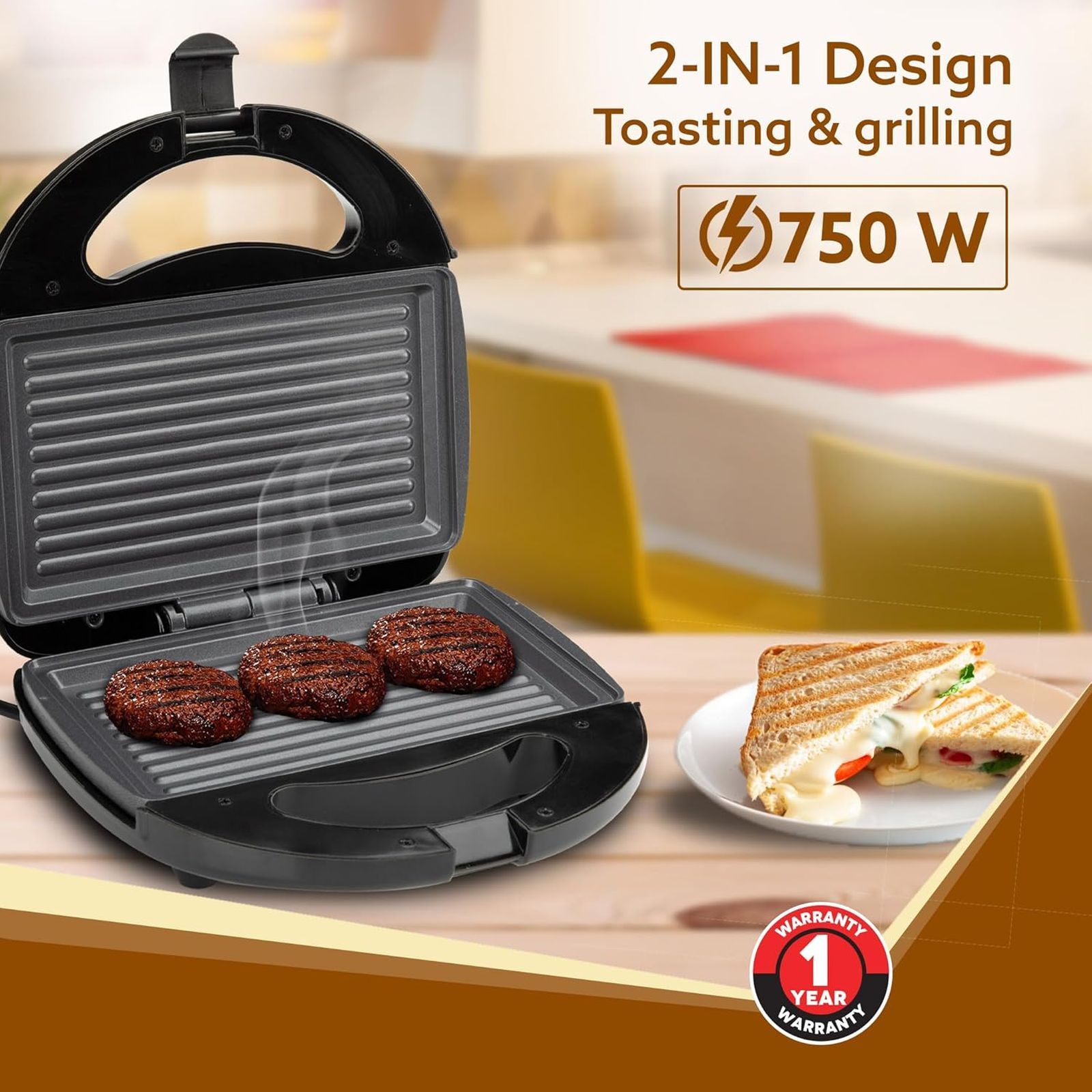 AGARO Elite 750W 2-in-1 Slice Sandwich Maker with Automatic Thermostat (Black)_5