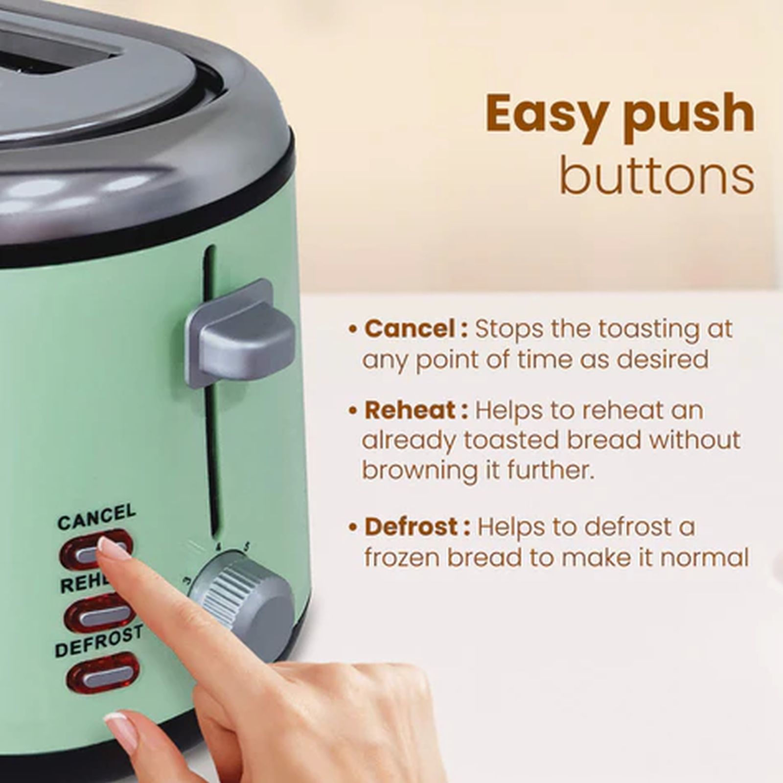 AGARO Royal 1450W 4 Slice Pop-Up Toaster with 7 Level Browning Controls (Green)_5