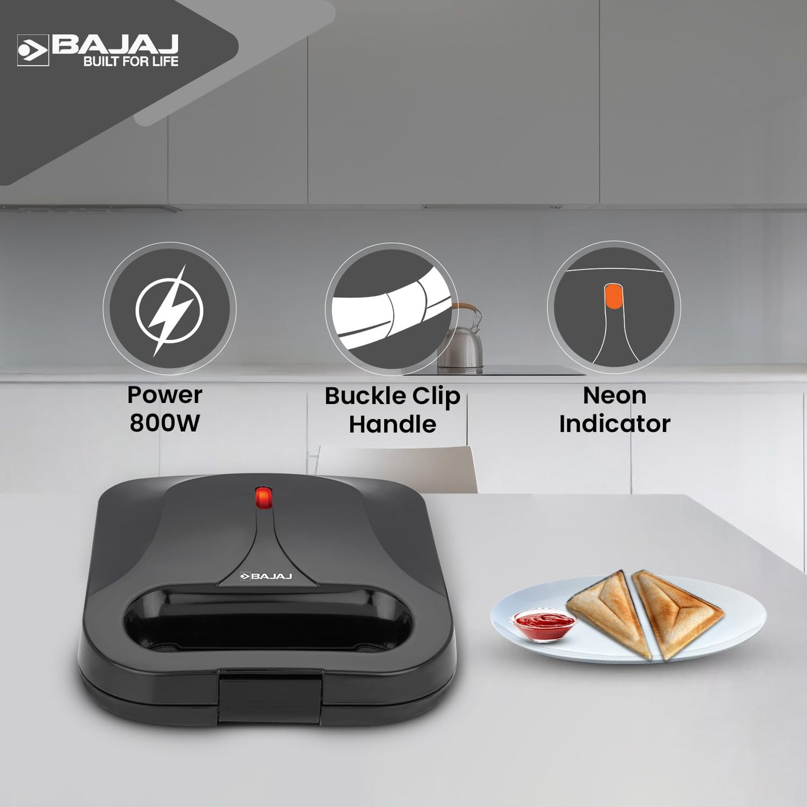BAJAJ SWX 5 800W 2 Slice Sandwich Maker with Non Stick Coating Plates (Black) BAJAJ SWX 5 800W 2 Slice Sandwich Maker with Non Stick Coating Plates (Black)_4