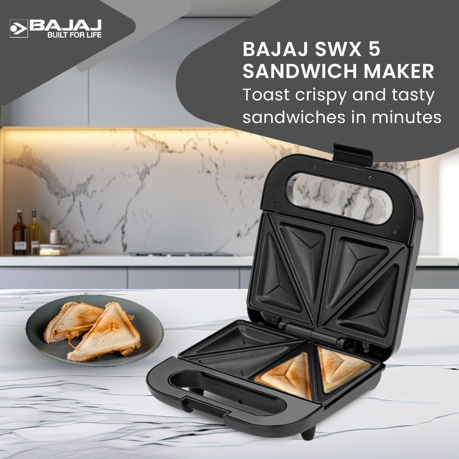 BAJAJ SWX 5 800W 2 Slice Sandwich Maker with Non Stick Coating Plates (Black) BAJAJ SWX 5 800W 2 Slice Sandwich Maker with Non Stick Coating Plates (Black)_6
