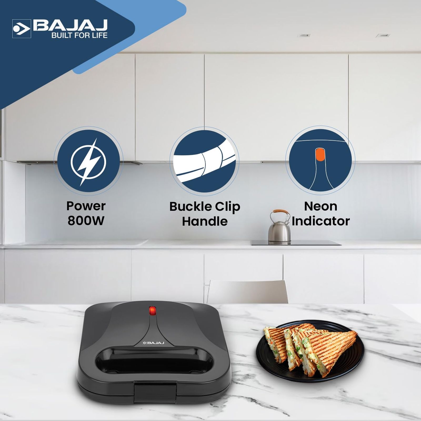 BAJAJ SWX 6 800W 2 Slice Sandwich Maker with Non Stick Coating Plates (Black) BAJAJ SWX 6 800W 2 Slice Sandwich Maker with Non Stick Coating Plates (Black)_5