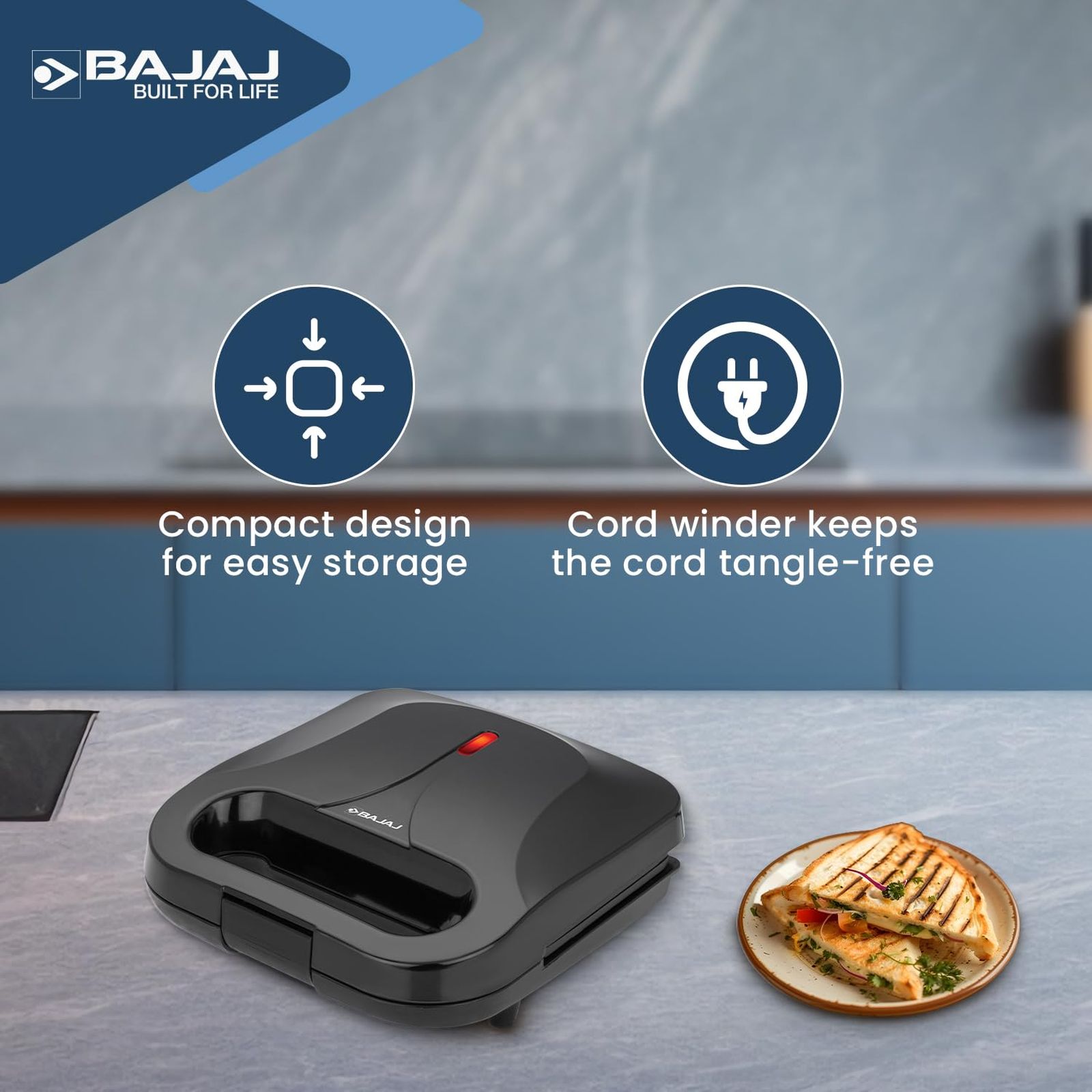 BAJAJ SWX 6 800W 2 Slice Sandwich Maker with Non Stick Coating Plates (Black) BAJAJ SWX 6 800W 2 Slice Sandwich Maker with Non Stick Coating Plates (Black)_6