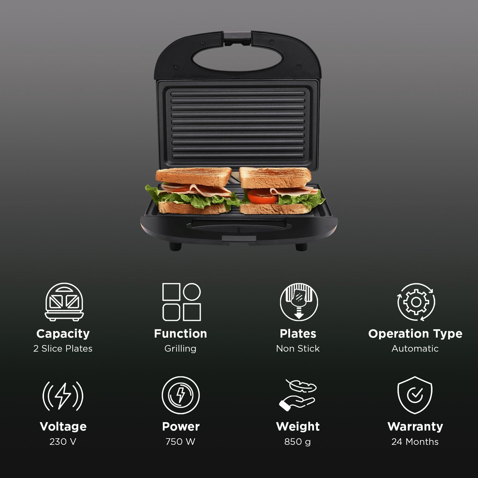 Croma 750W 2 Slice Sandwich Maker with Thermostatically Controlled Heating Element (Black)_3