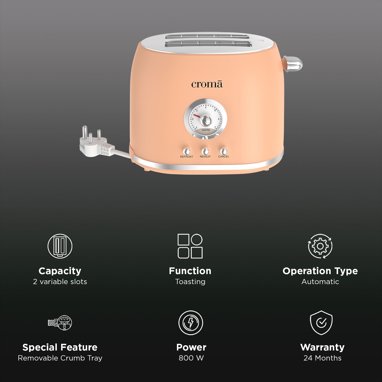 Croma AK6205 800W 2 Slice Pop-Up Toaster with Removable Crumb Tray (Peach)_3