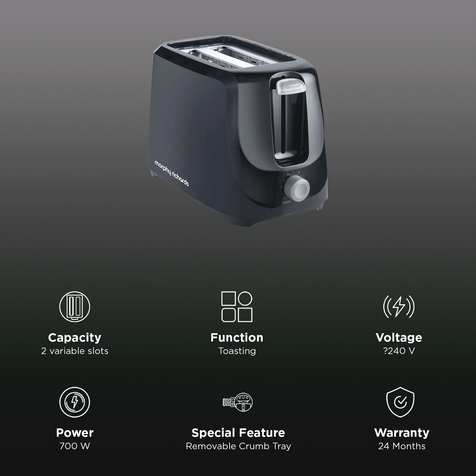 morphy richards AT 200 700W 2 Slice Pop-Up Toaster with 6 Level Browning Controls (Black)_3