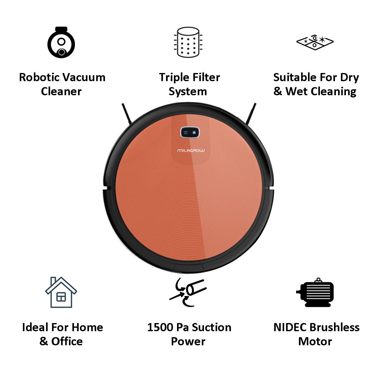 MILAGROW 24 Watts Robotic Vacuum Cleaner (0.6 Litres Tank, Red Hawk-21, Red)_5
