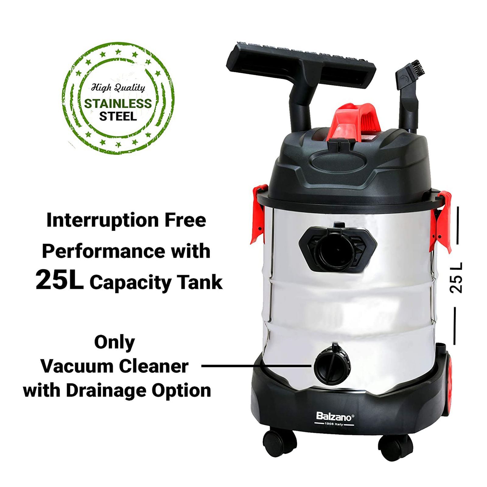 Balzano 1600 Watts Wet and Dry Vacuum Cleaner (25 Litres, K606, Silver)_3
