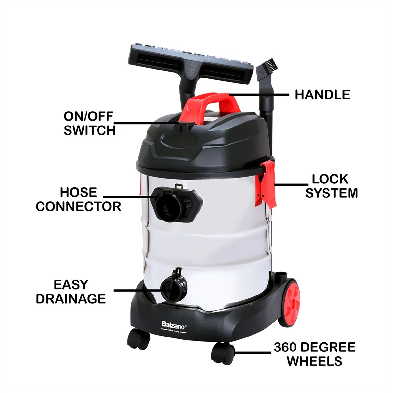 Balzano 1600 Watts Wet and Dry Vacuum Cleaner (25 Litres, K606, Silver)_4