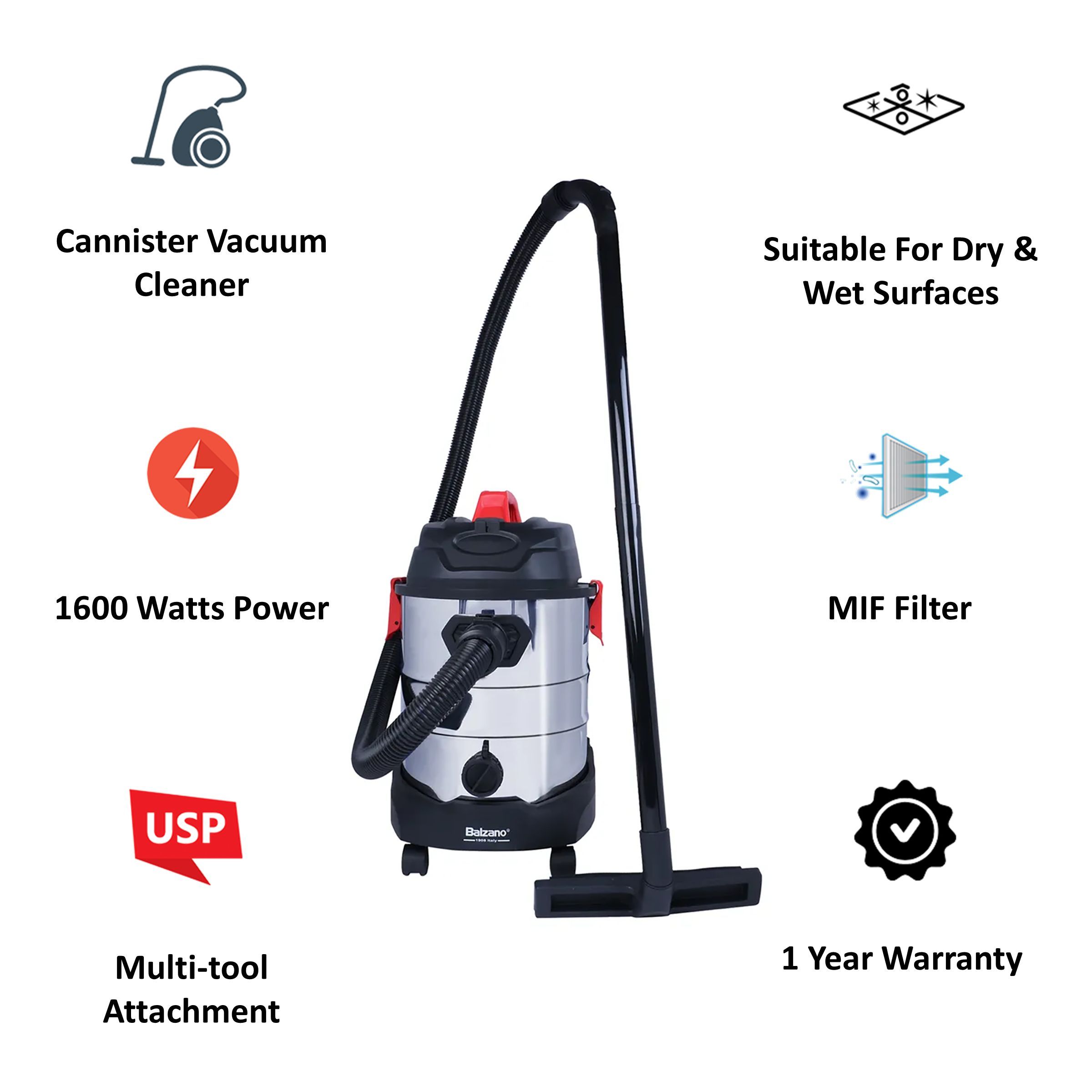 Balzano 1600 Watts Wet and Dry Vacuum Cleaner (25 Litres, K606, Silver)_6