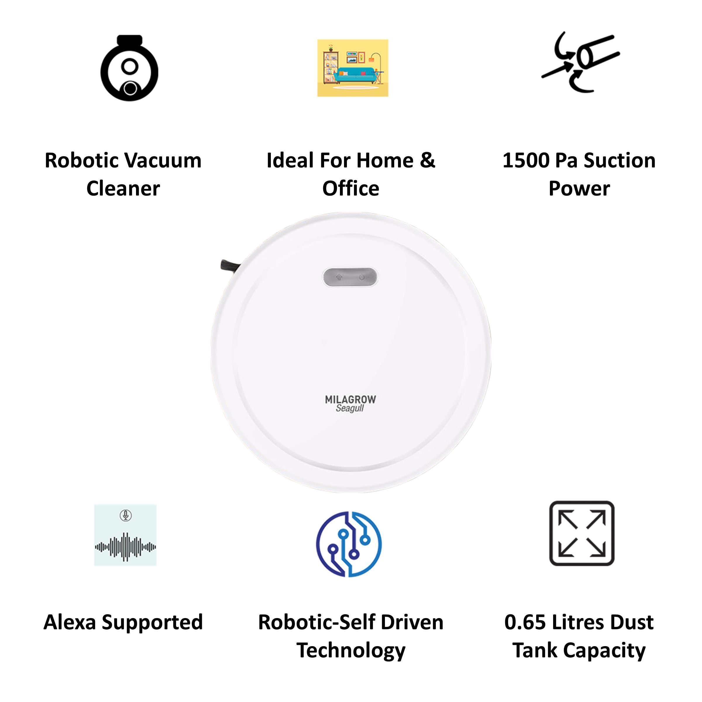 MILAGROW Seagull Prime 30 Watts Robotic Vacuum Cleaner (0.65 Litres Tank, White)_4