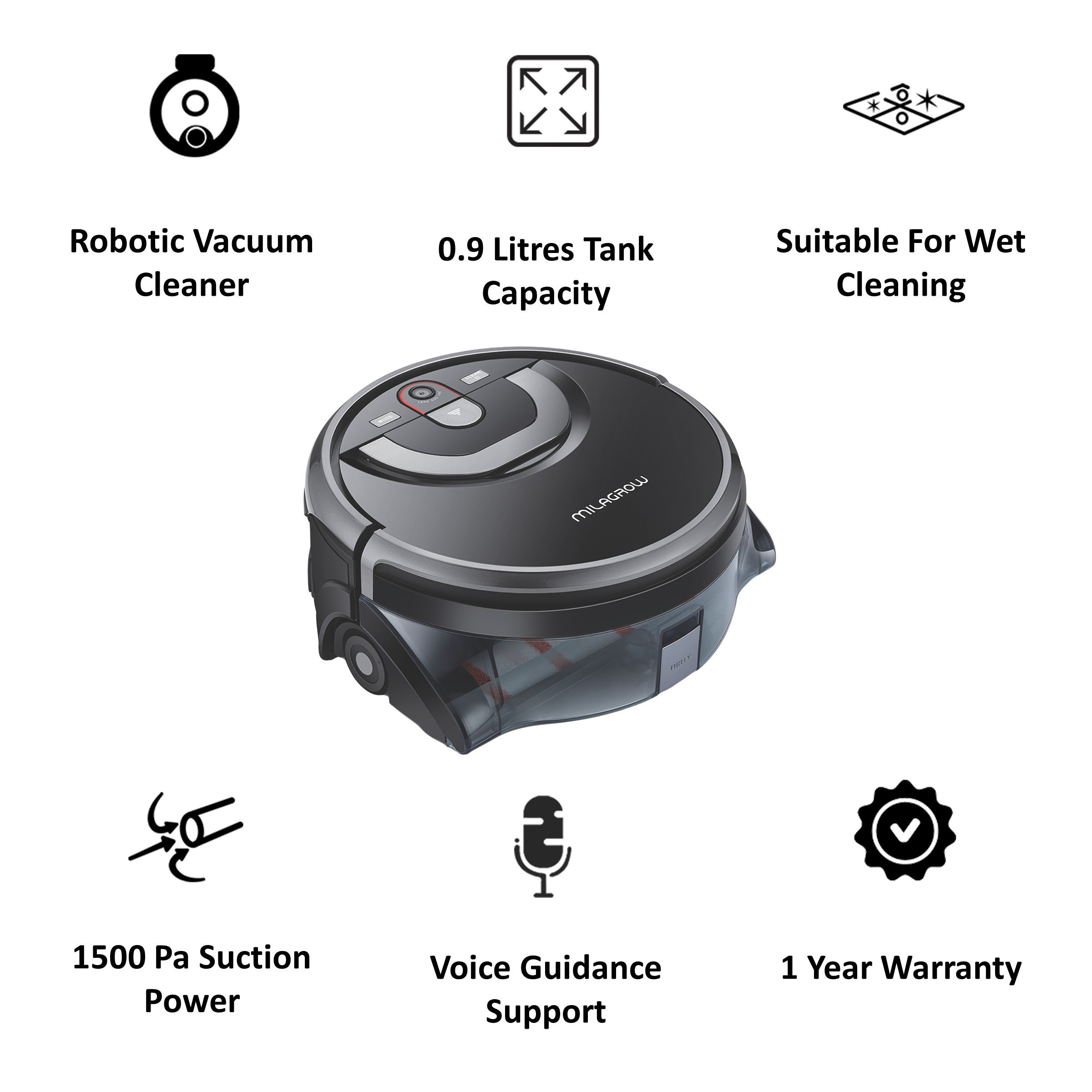 MILAGROW AguaBot 21 11.4 Watts Robotic Vacuum Cleaner (0.9 Litres Tank, MGRV25, Black/Silver)_3