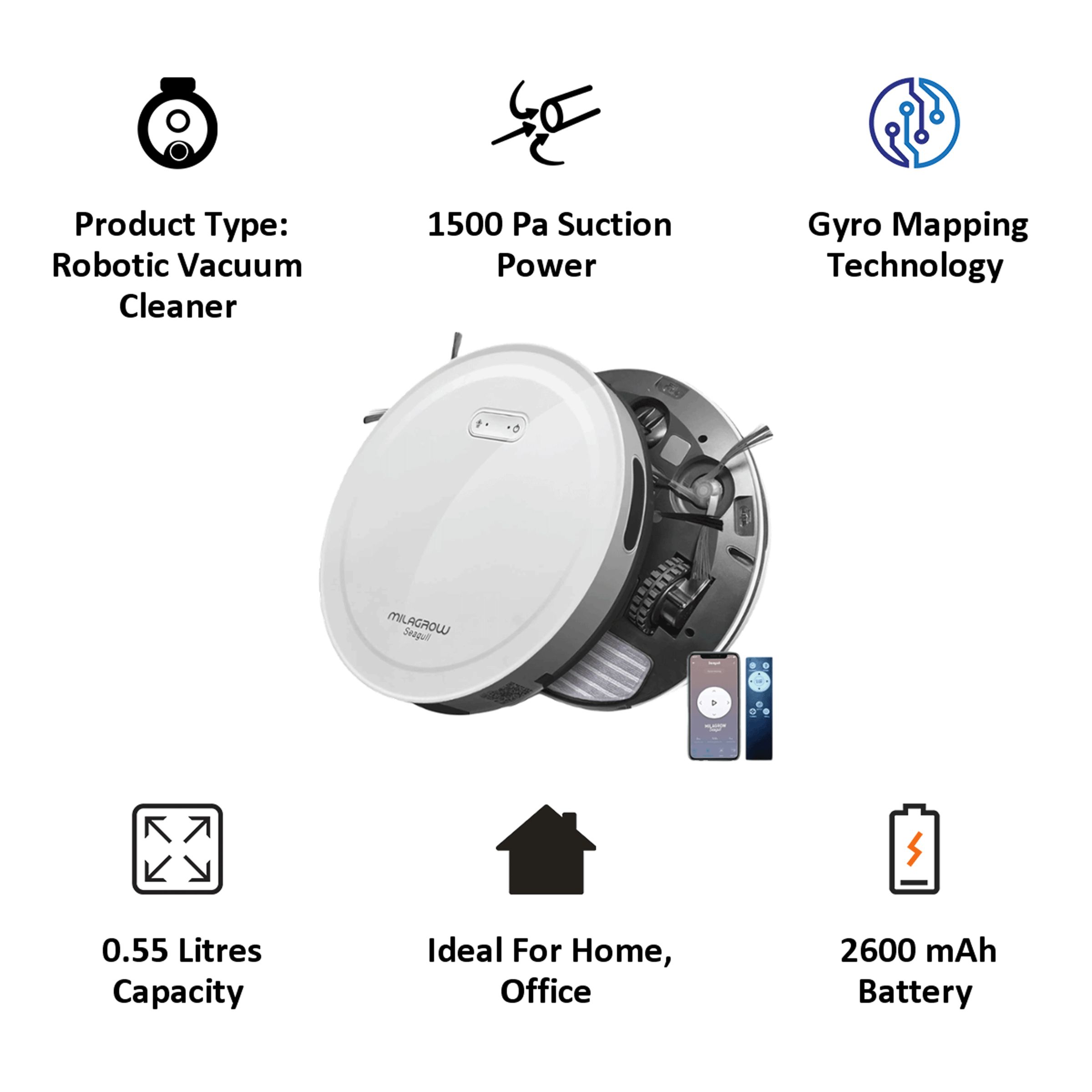 MILAGROW Seagull Agua 30 Watts Robotic Vacuum Cleaner (0.55 Litres Tank, White)_3