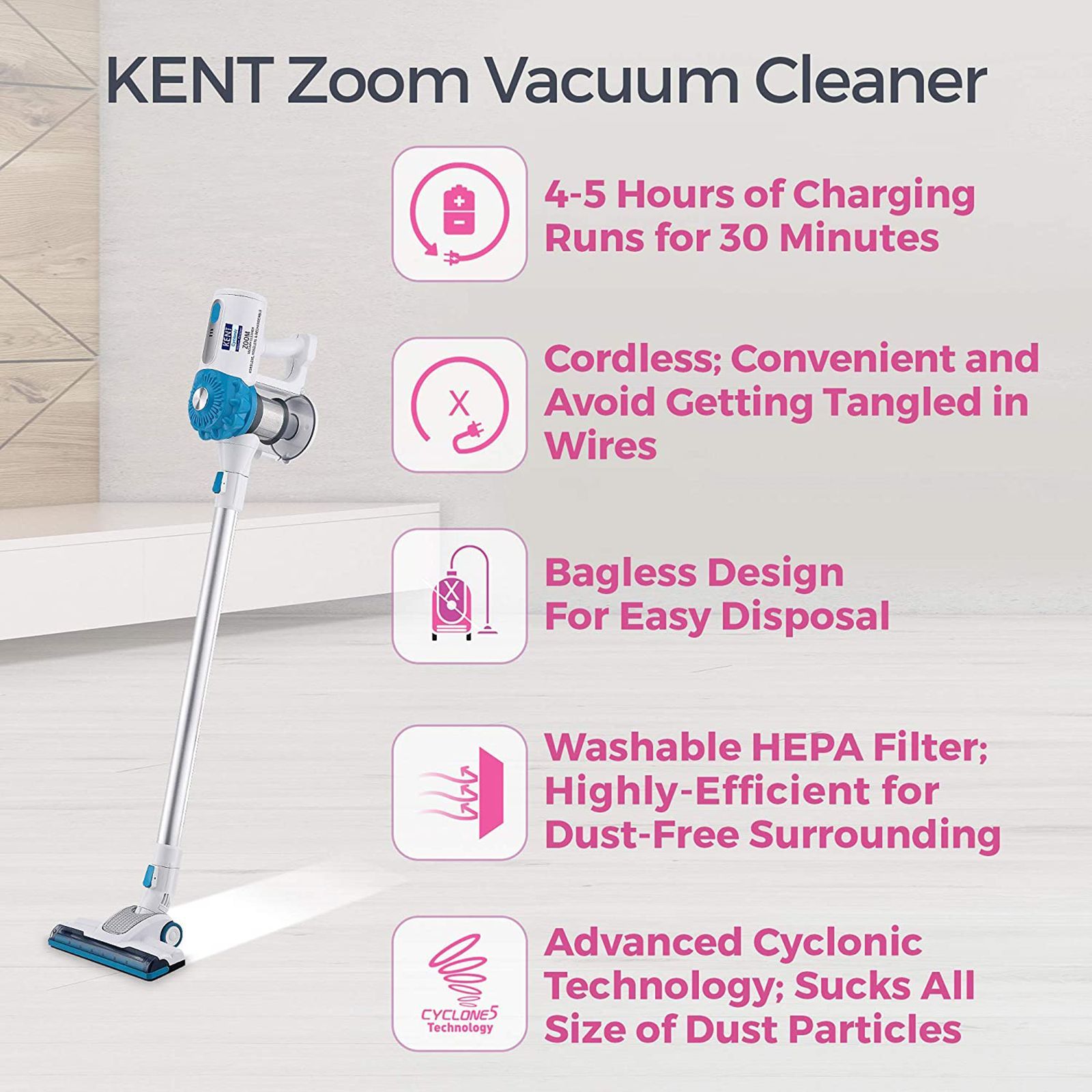 KENT Zoom 130 Watts Vacuum Cleaner (HEPA Filter, 16068, Blue)_3