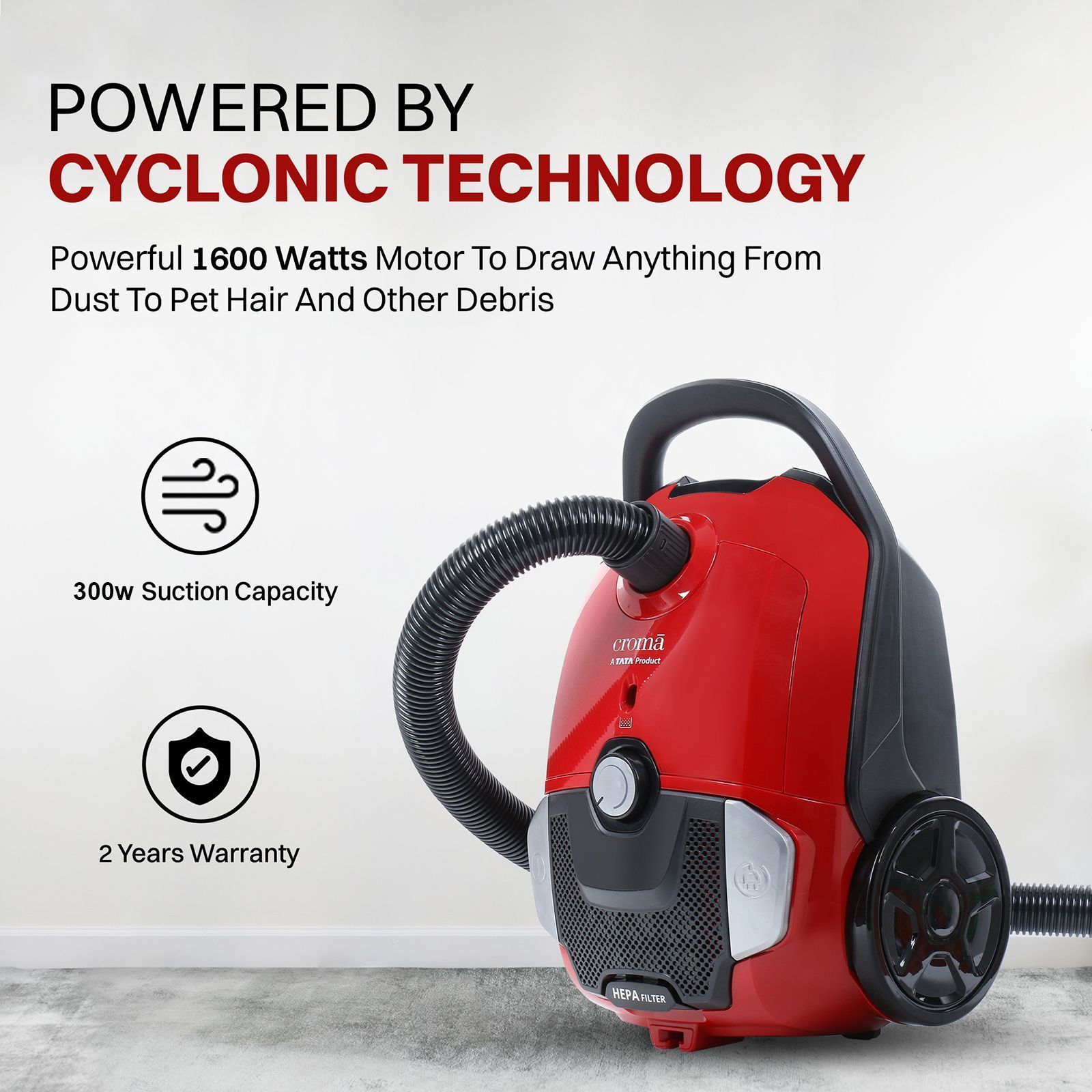 Croma 1600W Dry Vacuum Cleaner with Cyclonic Technology (Reusable Dust Bag, Red) Croma 1600W Dry Vacuum Cleaner with Cyclonic Technology (Reusable Dust Bag, Red)_6