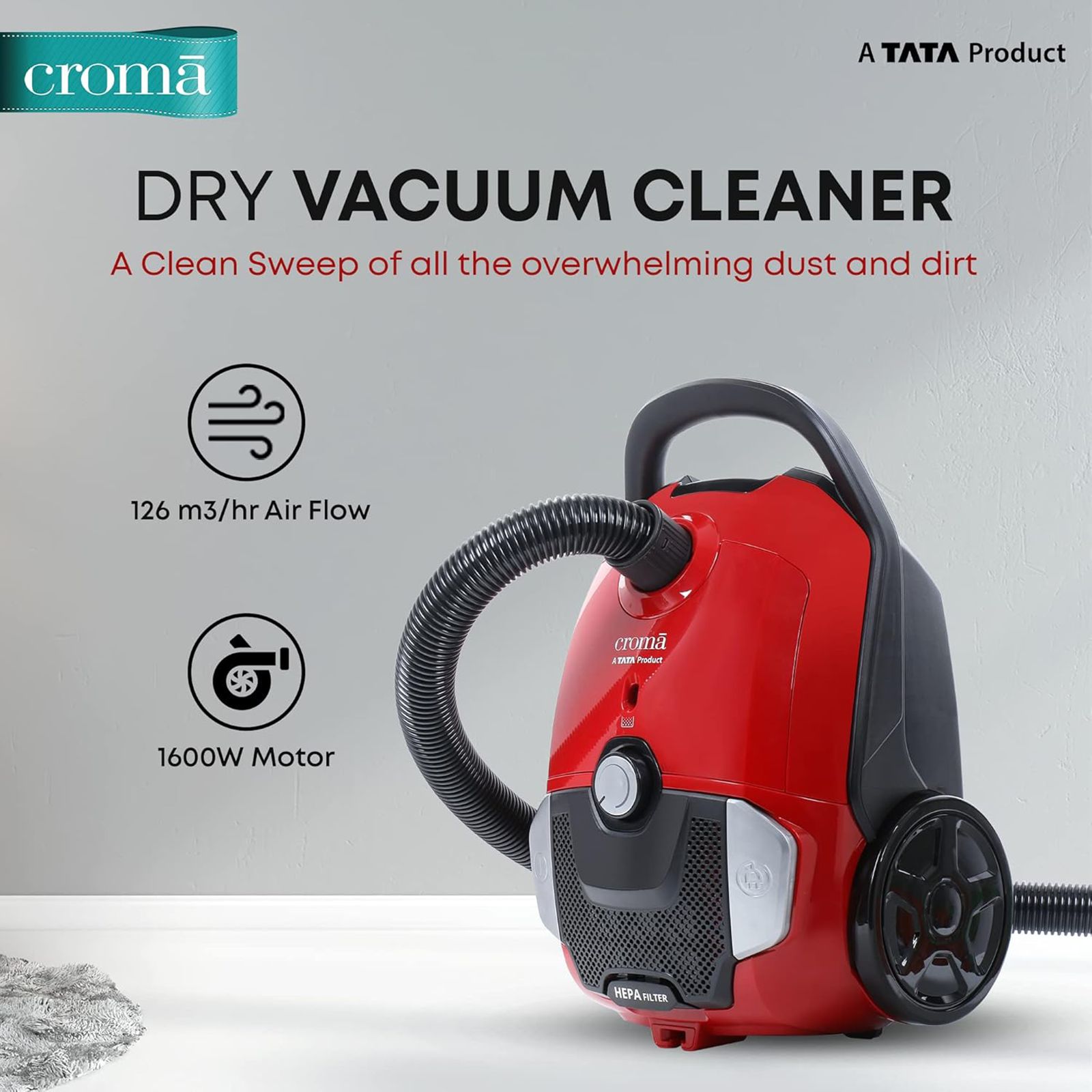 Croma 1600W Dry Vacuum Cleaner with Cyclonic Technology (Reusable Dust Bag, Red) Croma 1600W Dry Vacuum Cleaner with Cyclonic Technology (Reusable Dust Bag, Red)_3