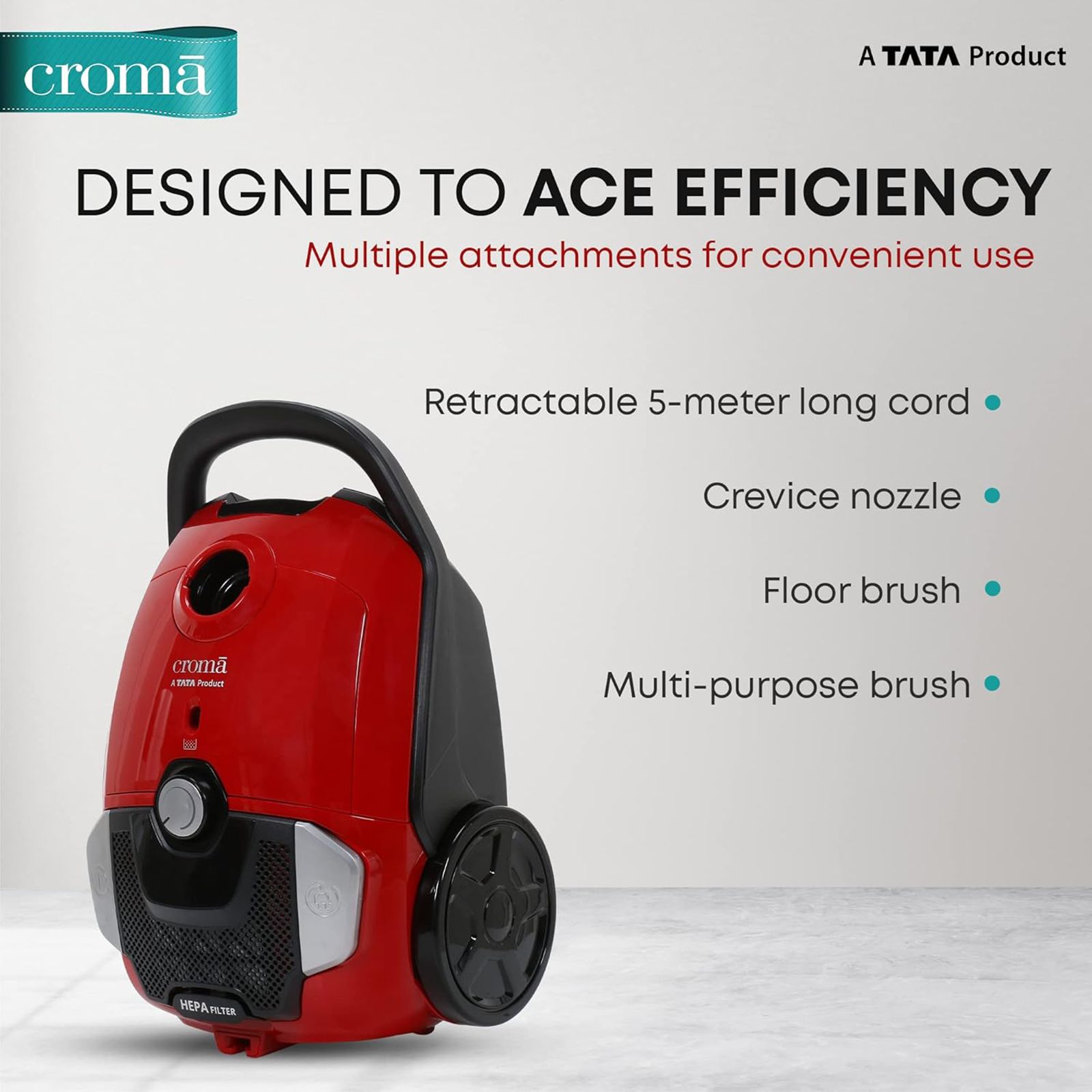 Croma 1600W Dry Vacuum Cleaner with Cyclonic Technology (Reusable Dust Bag, Red) Croma 1600W Dry Vacuum Cleaner with Cyclonic Technology (Reusable Dust Bag, Red)_4