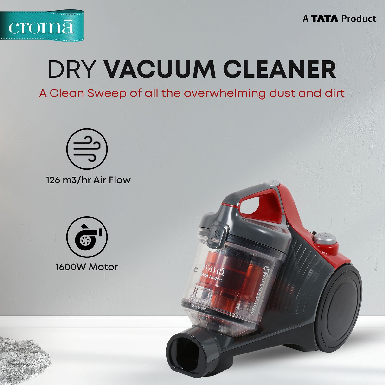Croma 1200W Dry Vacuum Cleaner with Cyclonic Technology (Noise Free Cleaning, Red)_5