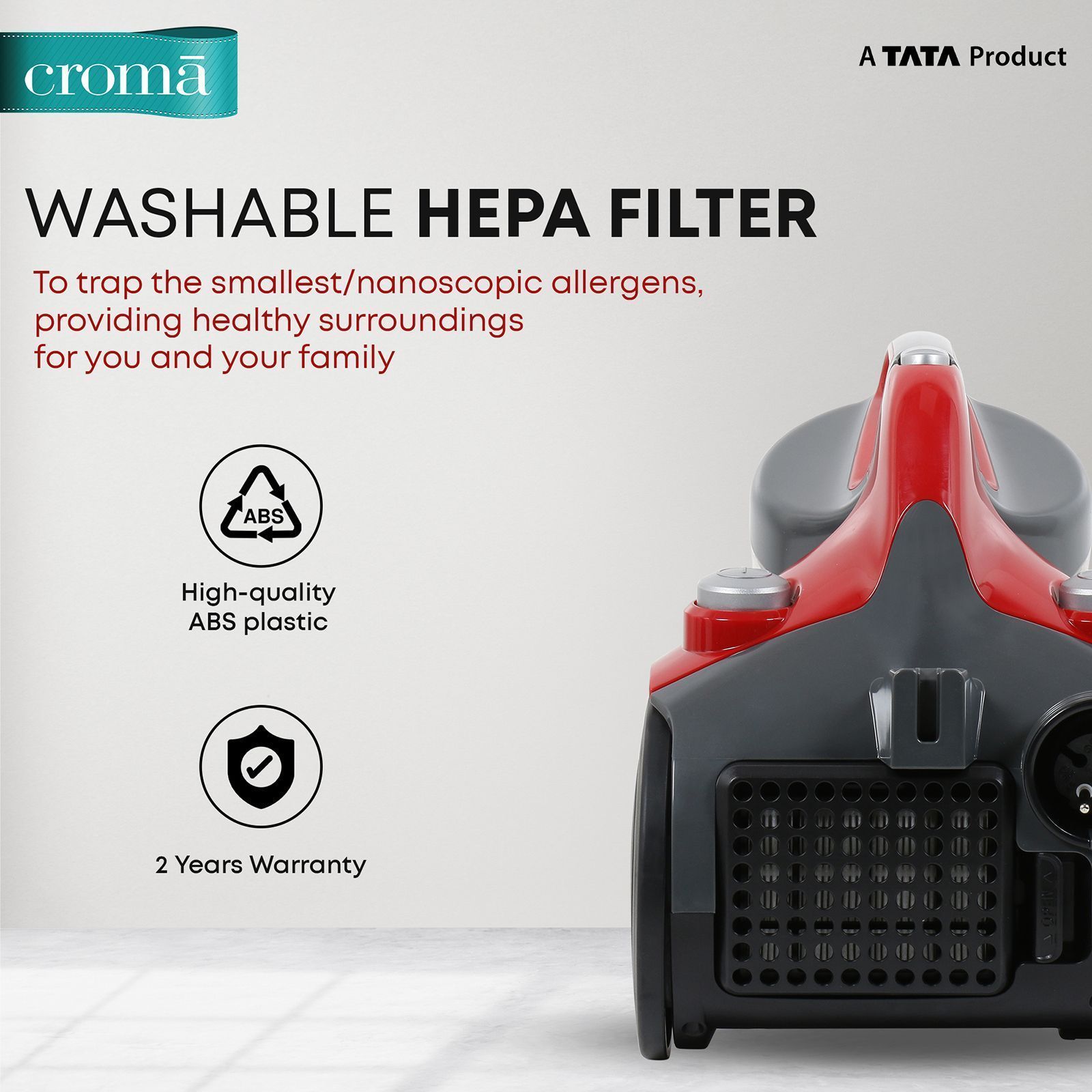 Croma 1200W Dry Vacuum Cleaner with Cyclonic Technology (Noise Free Cleaning, Red)_6