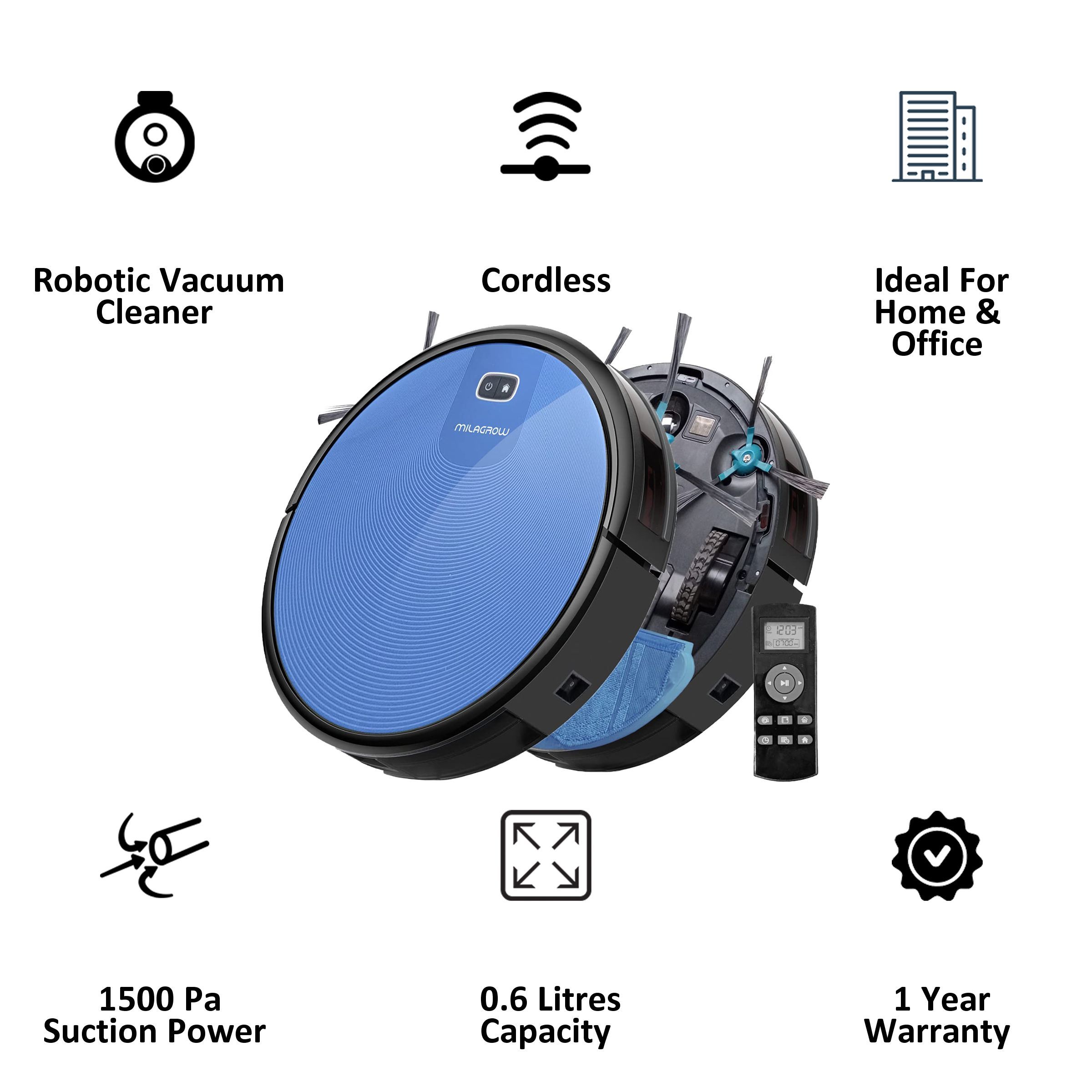 MILAGROW 24 Watts Robotic Vacuum Cleaner (0.6 Litres Tank, Bluebee)_4
