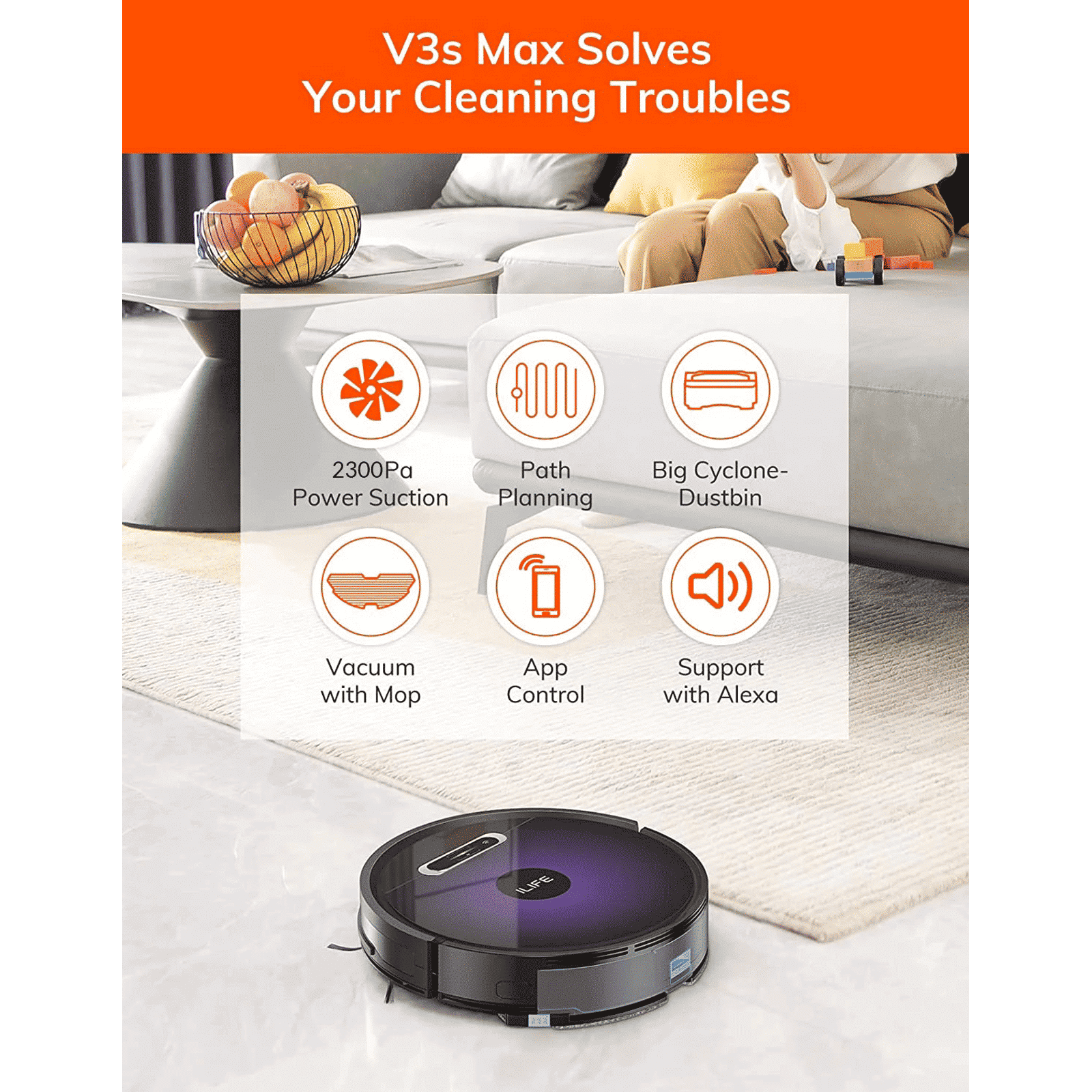 ILIFE V3s Max Robotic Vacuum Cleaner & Mop with Wi-Fi Connectivity (Alexa & Google Assistant, Purple)_3