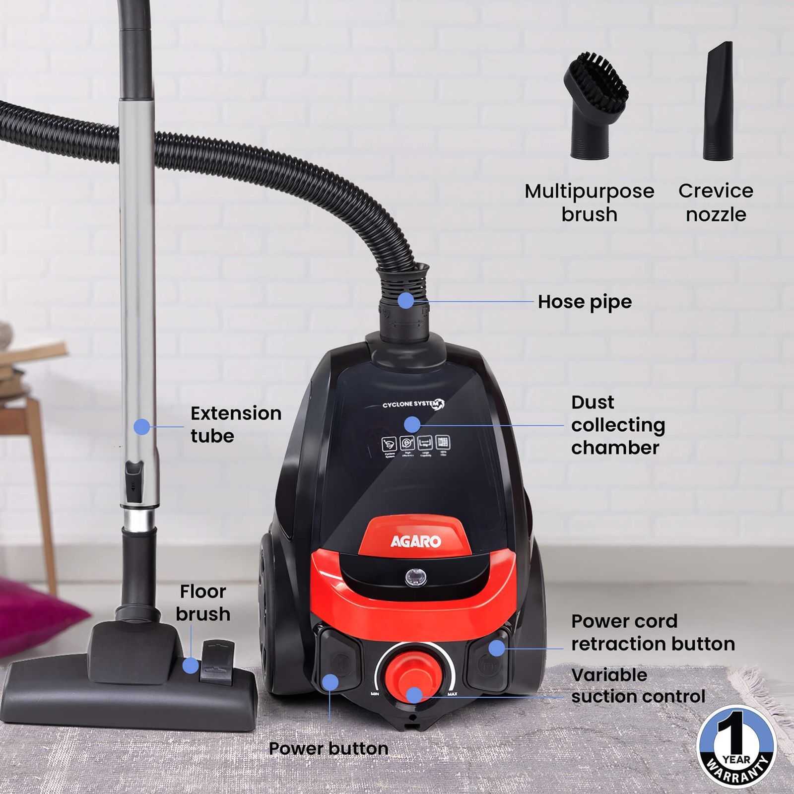 AGARO ICON 1600 Watts Dry Vacuum Cleaner (1.5 Litres Tank, 33424, Black and Red) AGARO ICON 1600 Watts Dry Vacuum Cleaner (1.5 Litres Tank, 33424, Black and Red)_2