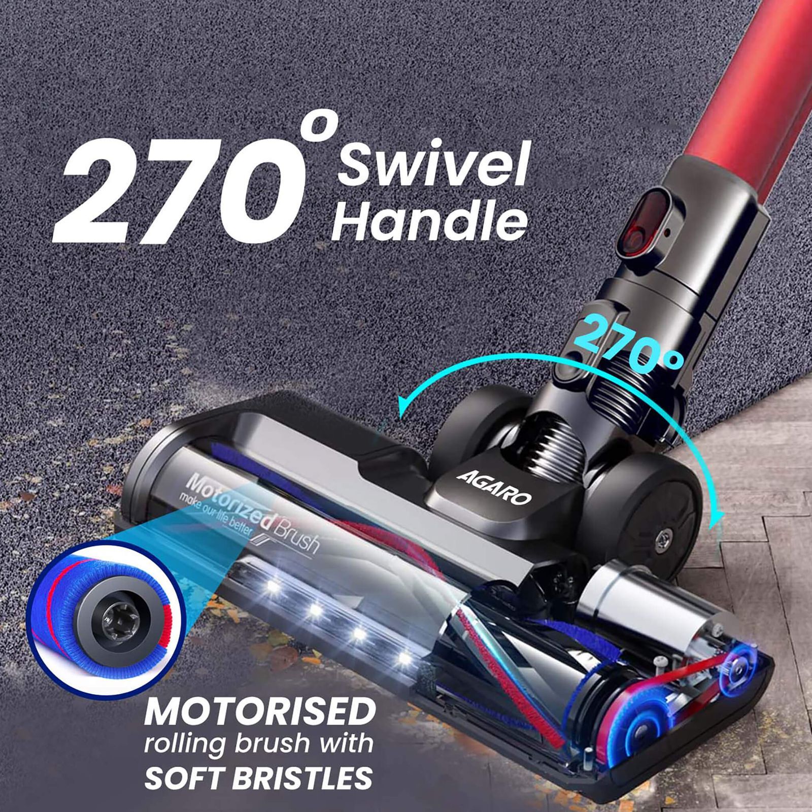 AGARO Supreme 400W Cordless Dry Vacuum Cleaner with DC Motor (3 Adjustable Suction Modes, Red)_3