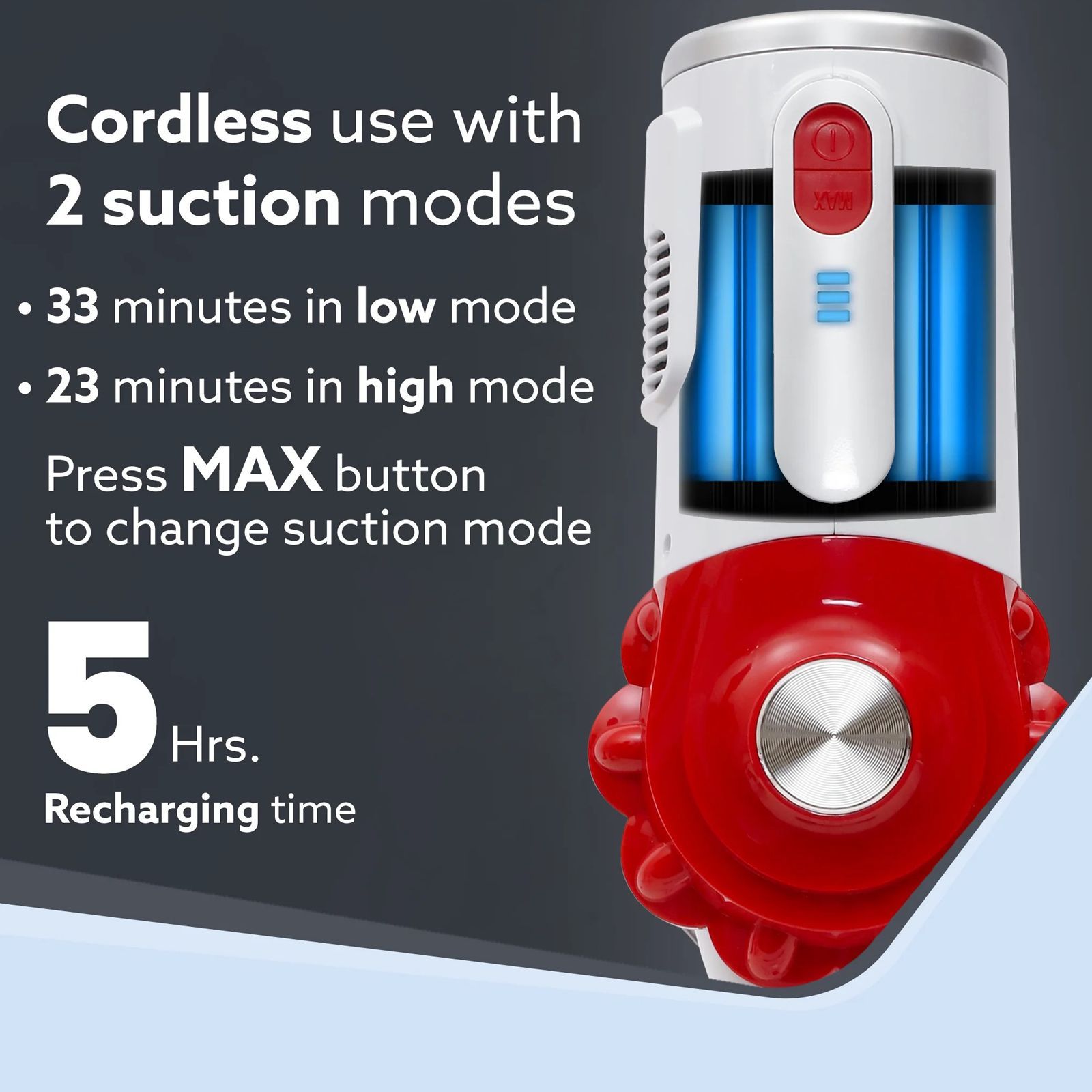 AGARO Regency 110W Cordless Dry Vacuum Cleaner with Cyclonic Suction (2200 mAh Battery, White & Red)_5