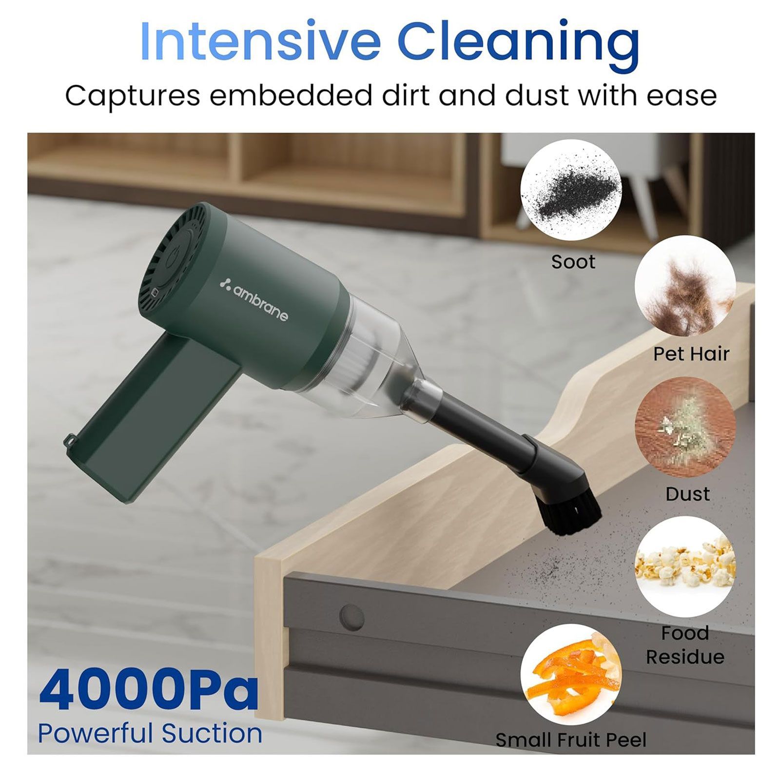 ambrane MiniVac 01 70W Cordless Car Vacuum Cleaner with LED Indicator (2000 mAh Battery, Green)_7