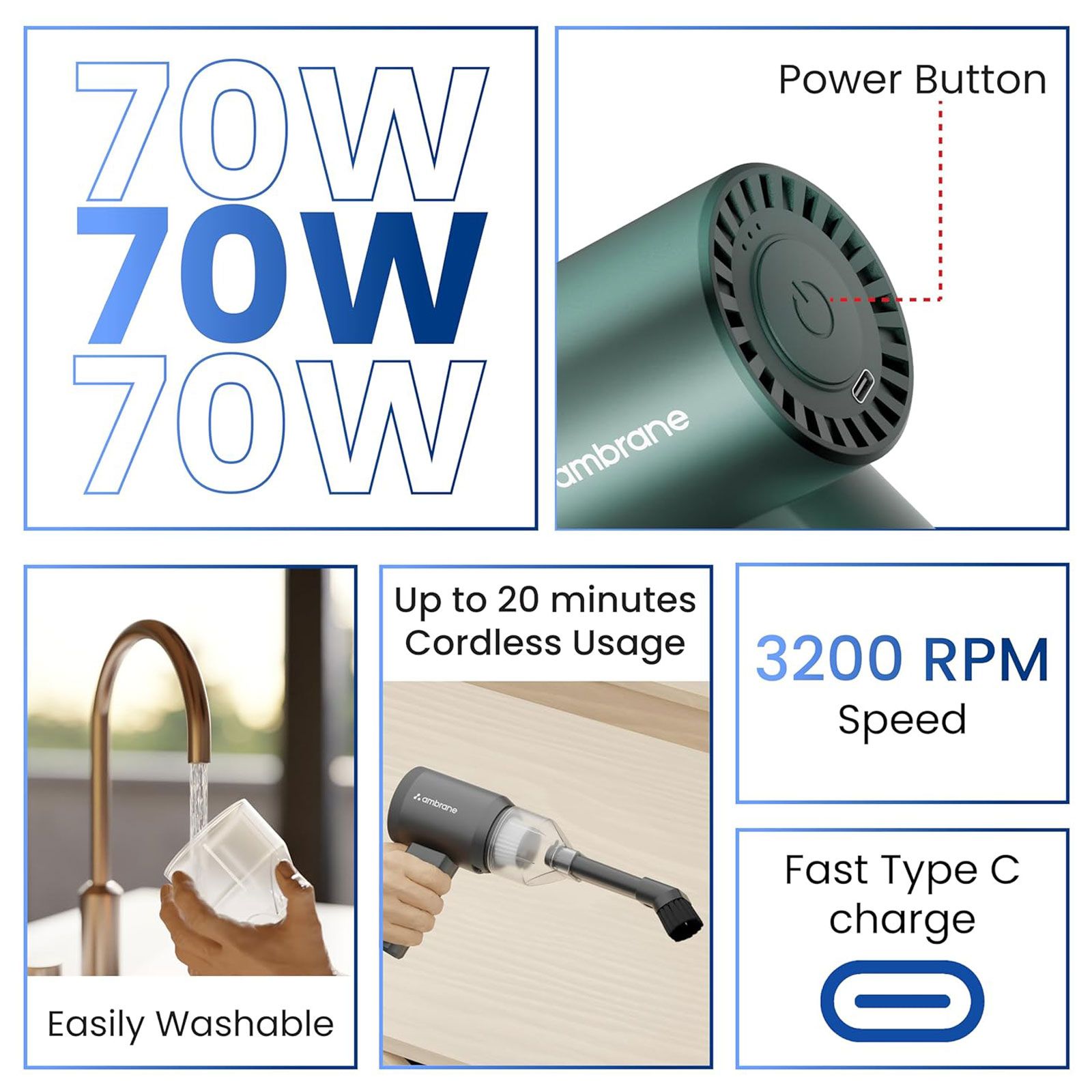 ambrane MiniVac 01 70W Cordless Car Vacuum Cleaner with LED Indicator (2000 mAh Battery, Green)_2