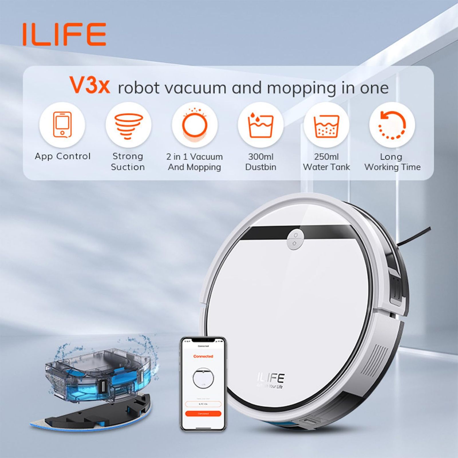 ILIFE V3x Robotic Vacuum Cleaner & Mop with Auto Carpet Boost (Suction Power Boost, White)_2