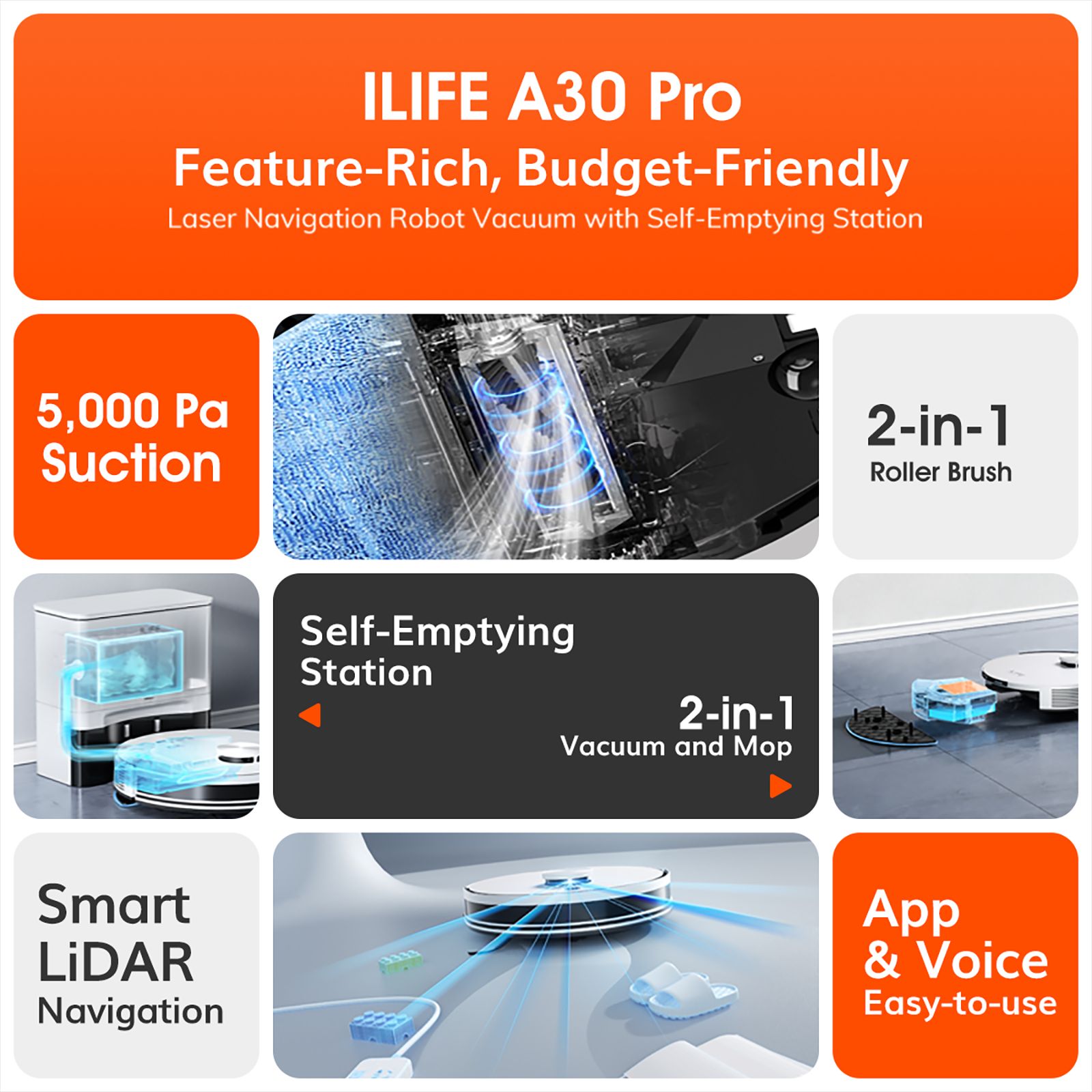 ILIFE A30 Pro Robotic Vacuum Cleaner & Mop with Self-Empty Station (Alexa & Google Assistant, White)_2