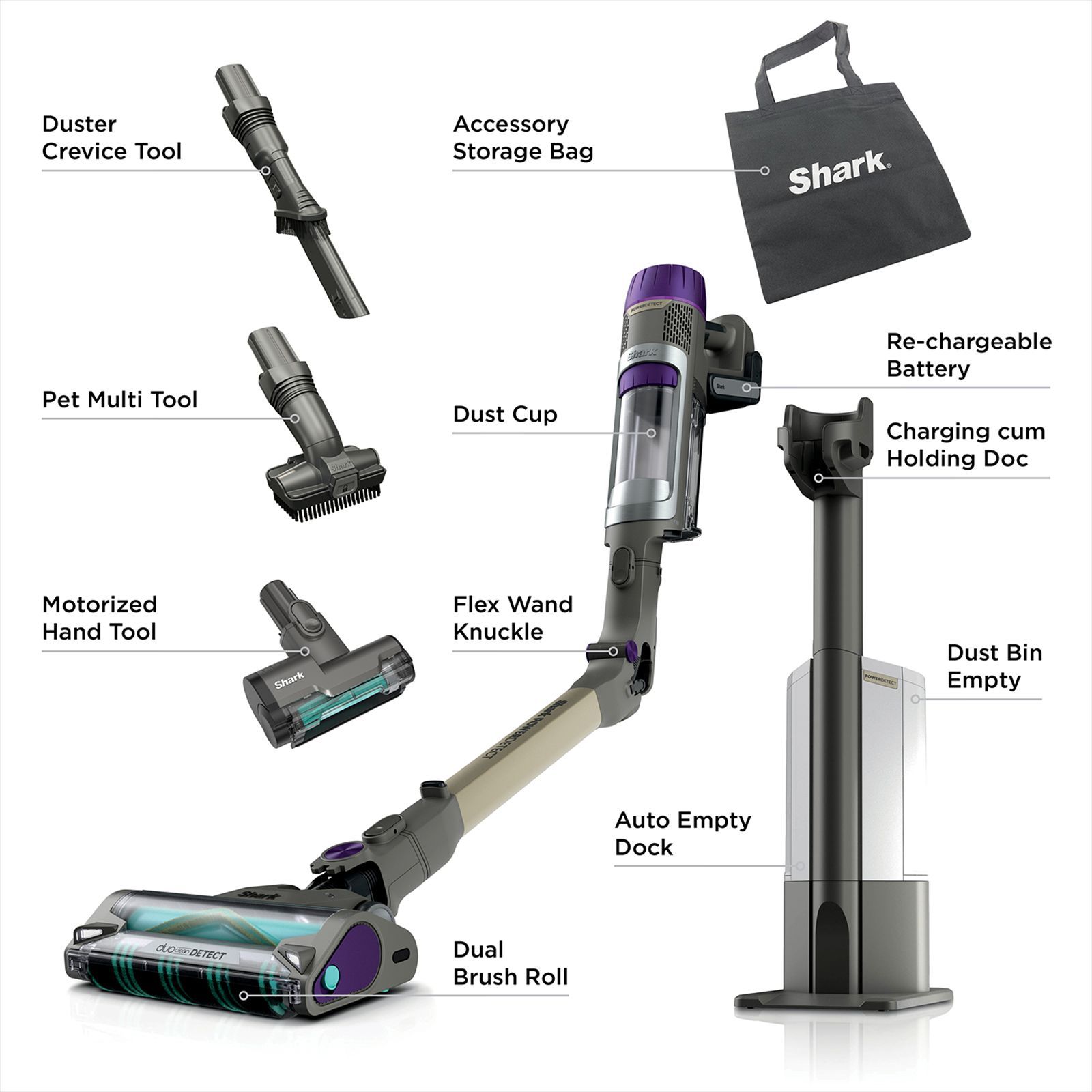 Shark Primus AED 380W Cordless Dry Vacuum Cleaner with Auto-Empty System (MultiFLEX Wand, Gray & Gold)_3