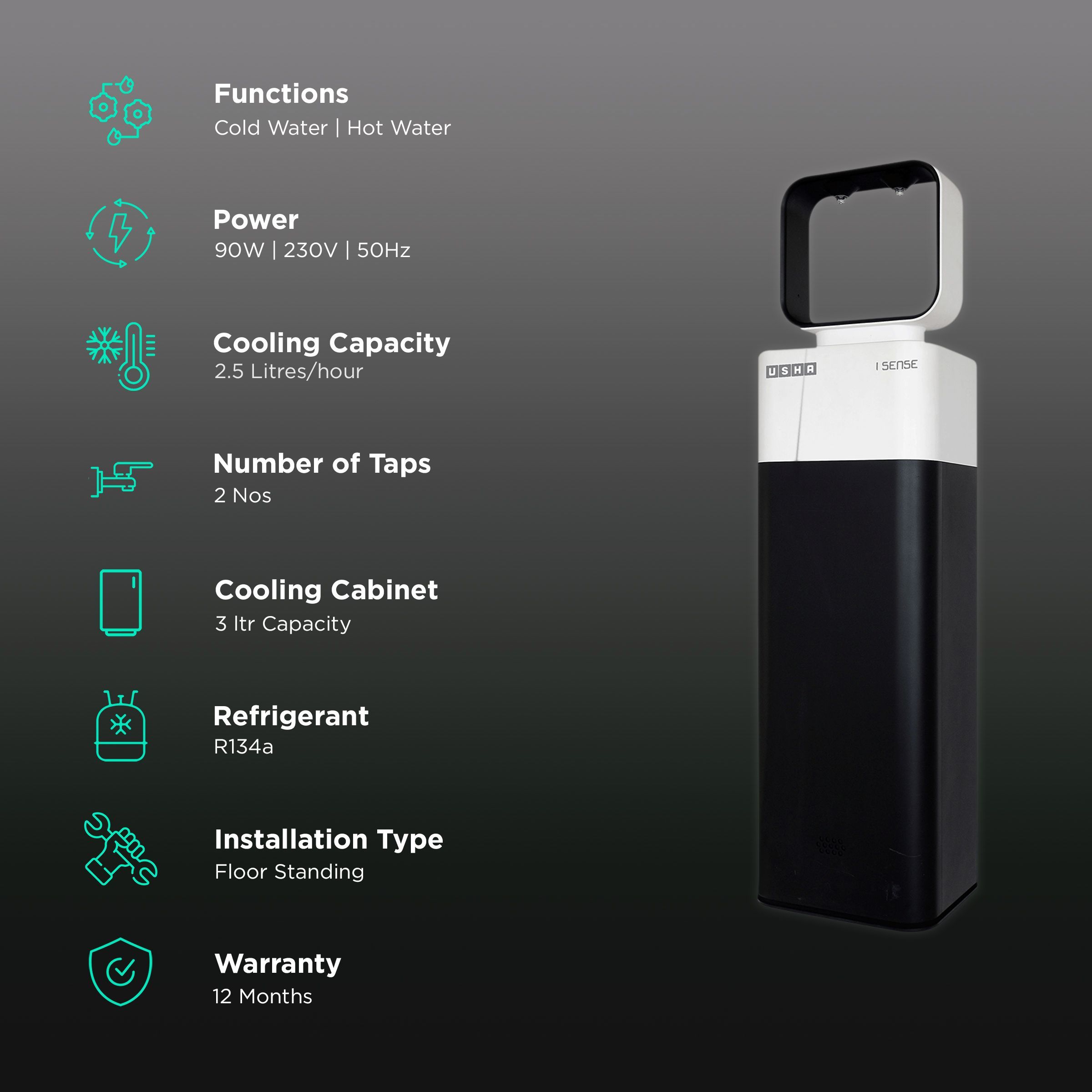 USHA i-Sense Cold & Hot Front Load Water Dispenser with Storage Cabinet (White/Black)_3